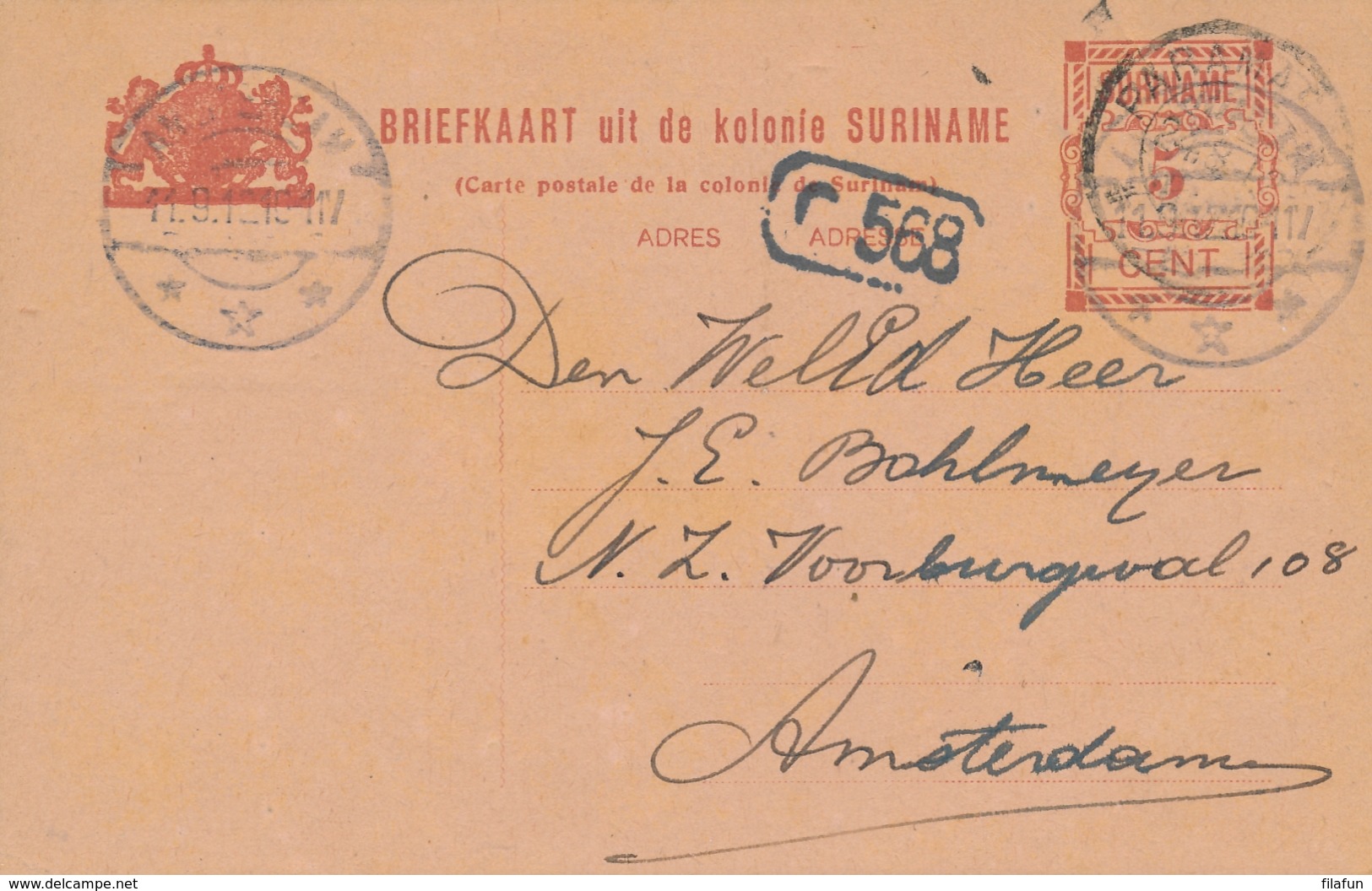 Suriname - 1912 - 5 Cent Hulpuitgifte, Briefkaart G20 Van KB Paramaribo Naar Amsterdam / Nederland - Suriname ... - 1975