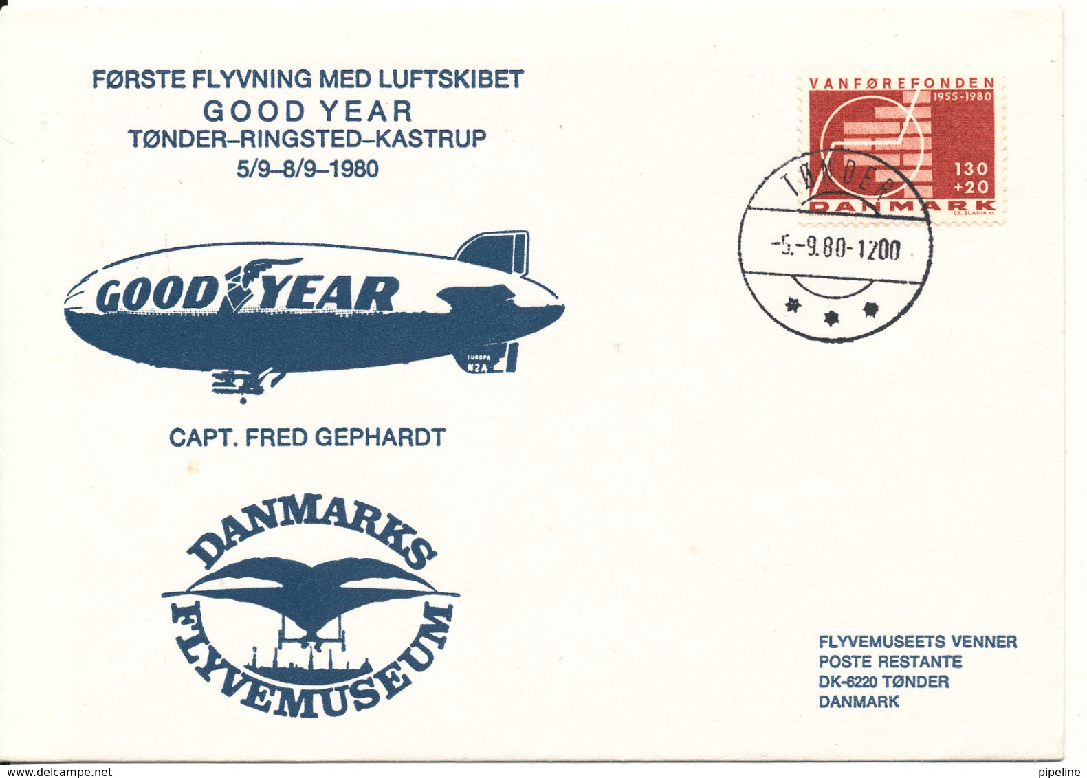 Denmark First Flight Airship Good Year Tönder-Ringsted-Kastrup 5-9 - 8-9-1980 With Cachet - Covers & Documents