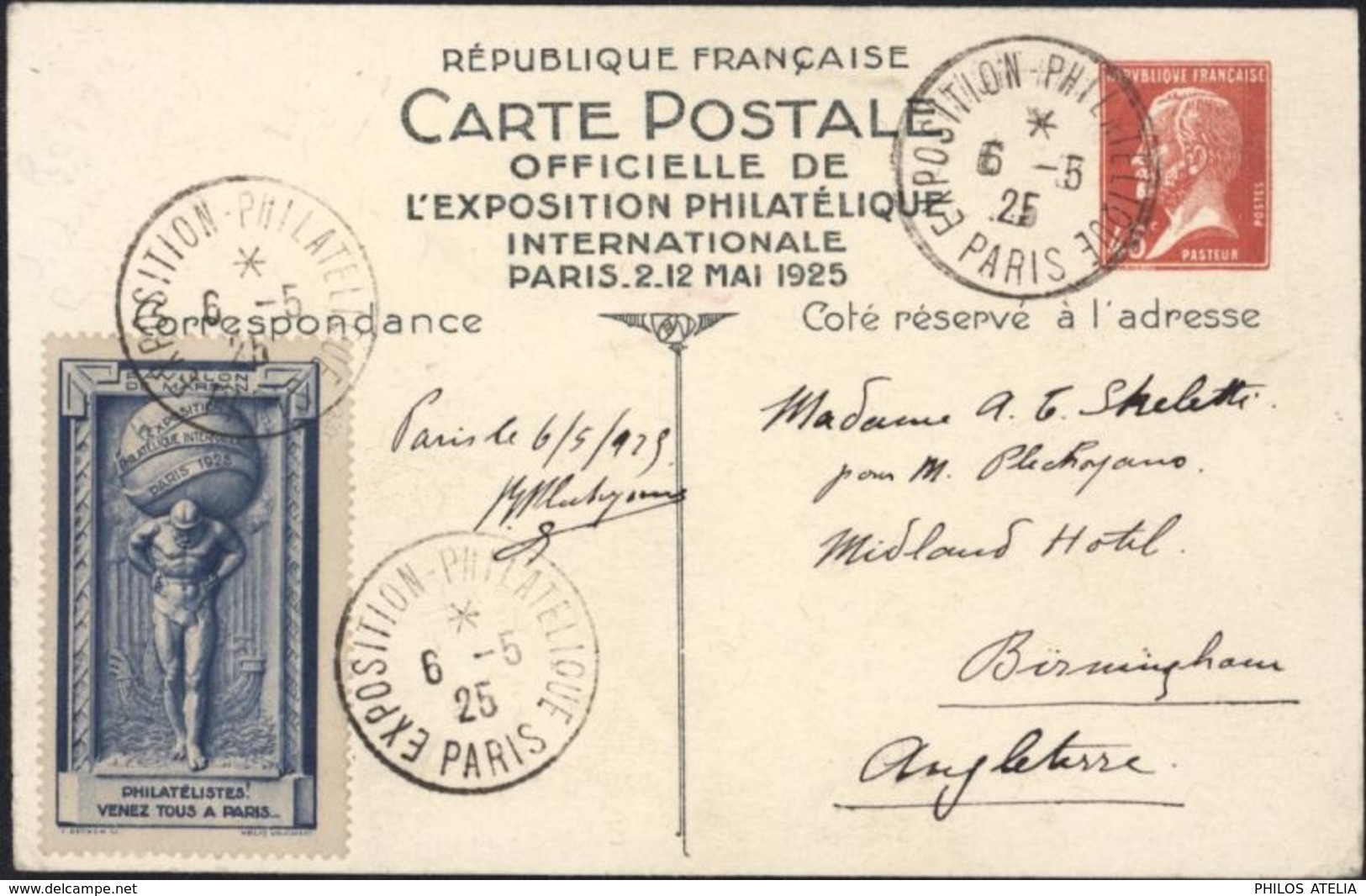 Entier 45c Rouge Pasteur Storch F E1 CP Officielle + CAD Exposition Philatélique Internationale Paris Mai 1925 6 5 25 - Standard Postcards & Stamped On Demand (before 1995)