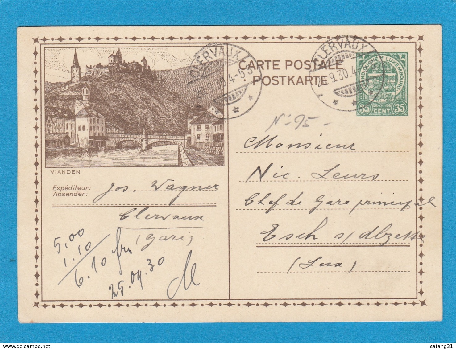 NO 95. ENTIER POSTAL AVEC VUE DE VIANDEN ET CACHET DE CLERVAUX POUR ESCH/ALZETTE. - Stamped Stationery