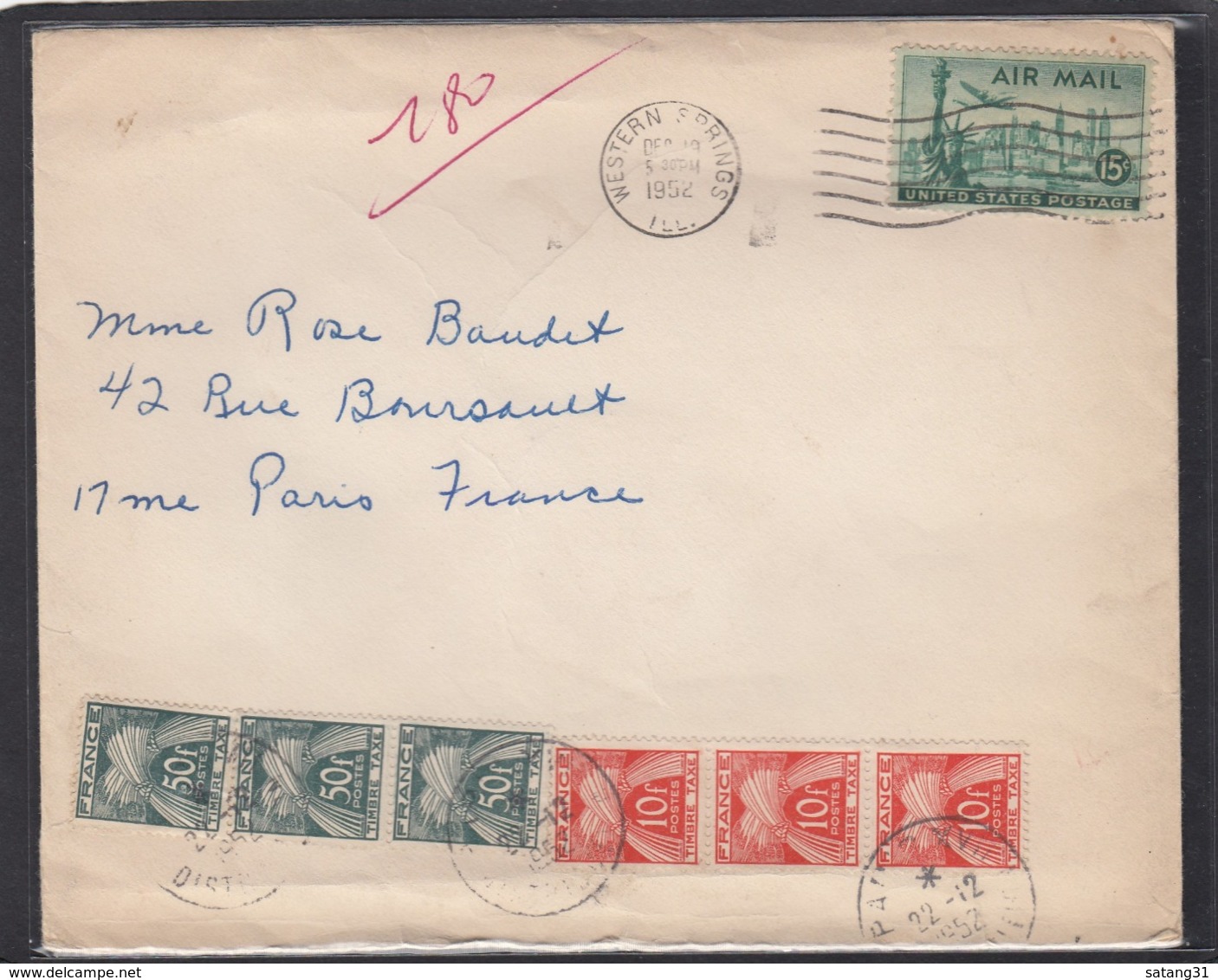 LETTRE DE WESTERN SPRINGS AVEC 2 VIGNETTES(CINDERELLAS),TAXÉE A 180.-FRANCS A PARIS,1952. - 1859-1959 Covers & Documents