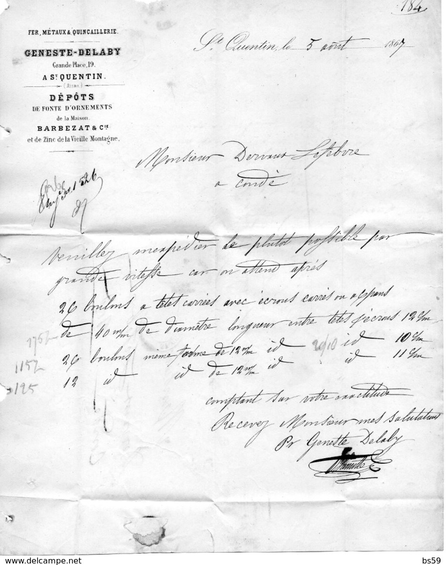 Aisne - LAC Affr N°29 Obl GC 3827 - Càd Type 15 Saint-Quentin - 1849-1876: Période Classique