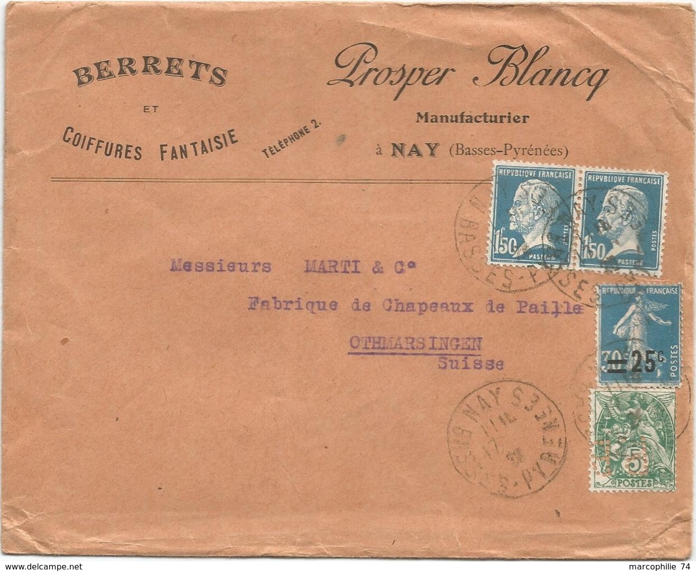 N°111 PERFORE PB + NON PERFORE N°181X2+217 LETTRE PROSPER BLANCQ NAY BASSES PYRENEES 1927 POUR SUISSE - Other & Unclassified