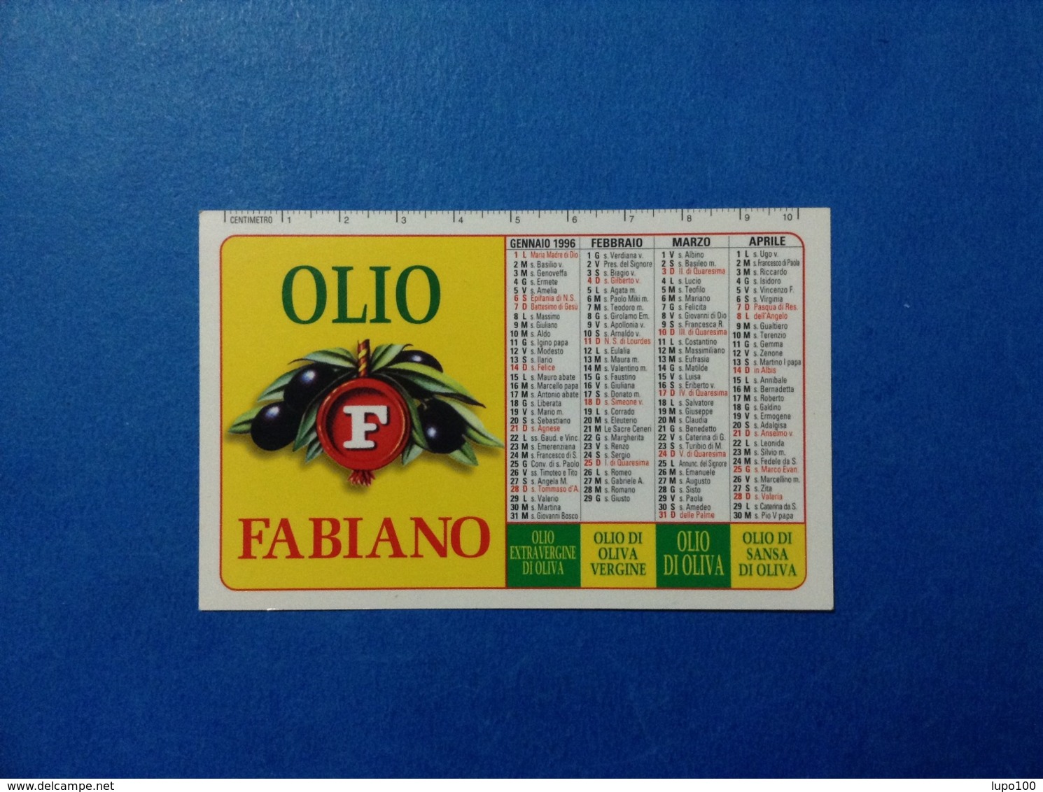 1996 CALENDARIETTO CALENDARIO TASCABILE PUBBLICITA' OLIO FABIANO OLIO DI OLIVA - Formato Piccolo : 1991-00