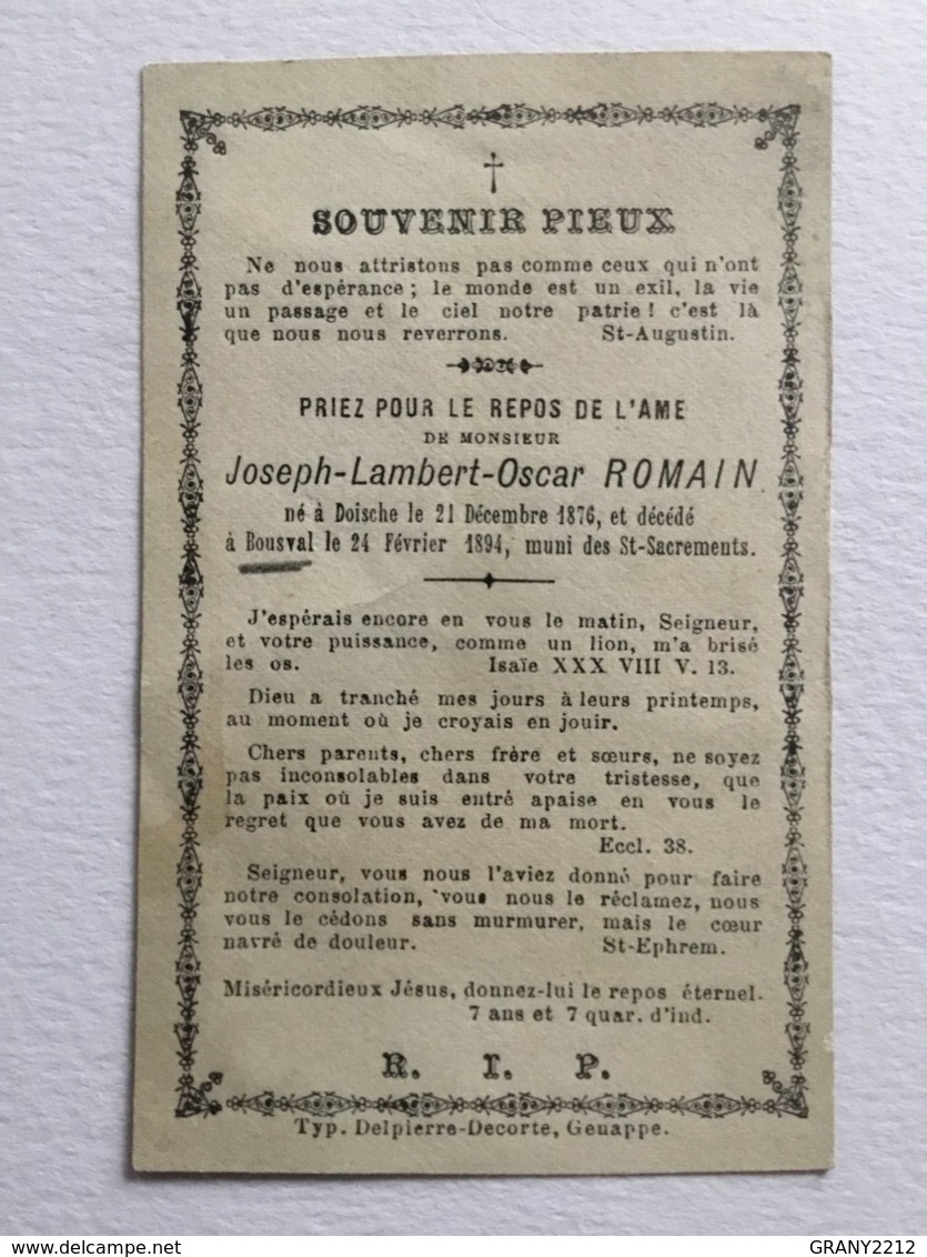 BOUSVAL SOUVENIR PIEUX JOSEPH - LAMBERT -OSCAR ROMAIN 1894. - Genappe