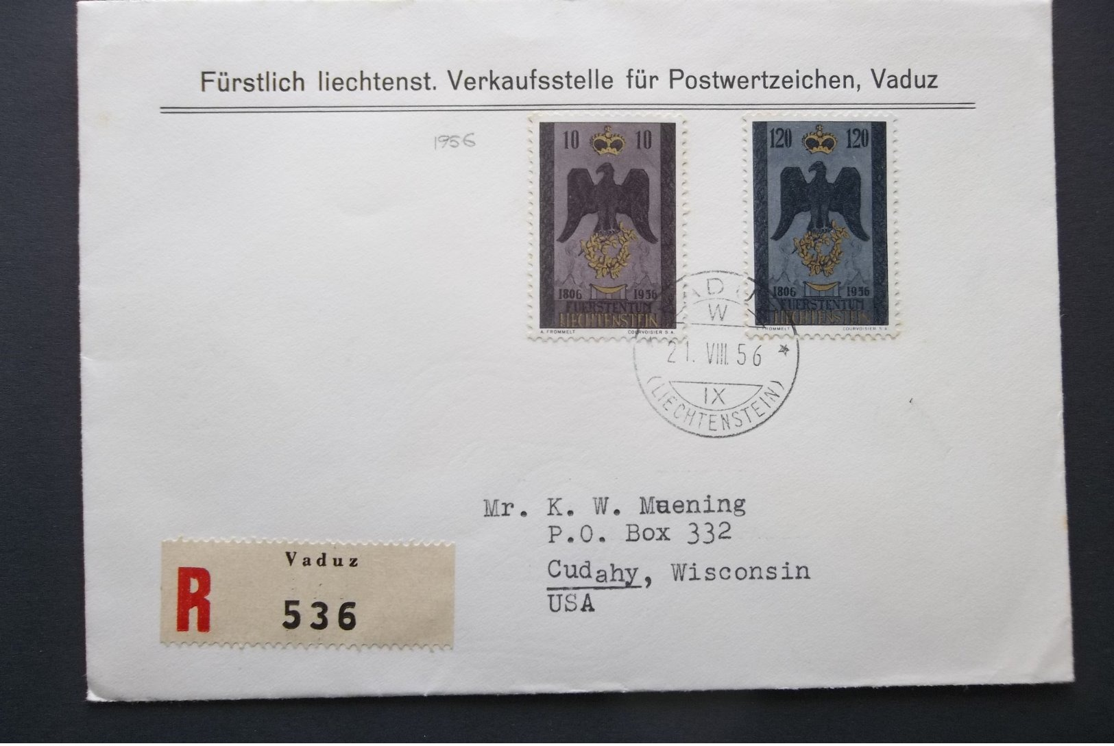 Liechtenstein: 1956 Rgt. Ca-FDC(?) To USA (#PU11) - Storia Postale