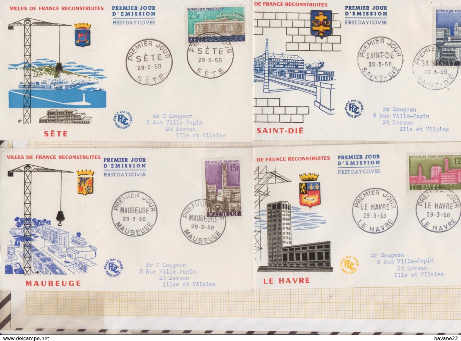 9/590 Premier Jour FDC 1958 VILLES DE FRANCE RECONSTRUITES SETE LE HAVRE MAUBEUGE ST DIE Lot De 4 - 1950-1959