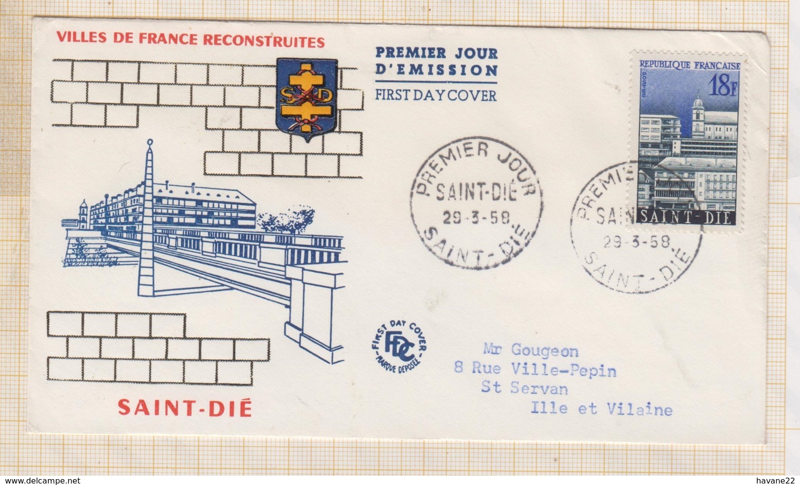 9/590 Premier Jour FDC 1958 VILLES DE FRANCE RECONSTRUITES SETE LE HAVRE MAUBEUGE ST DIE Lot De 4 - 1950-1959