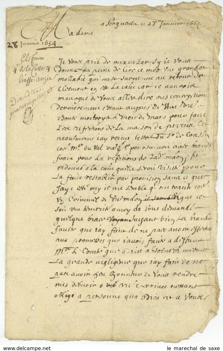 1654 Lettre De S... (?) Pour CLEMONT à Mme La Comtesse De Marcy - ....-1700: Precursors