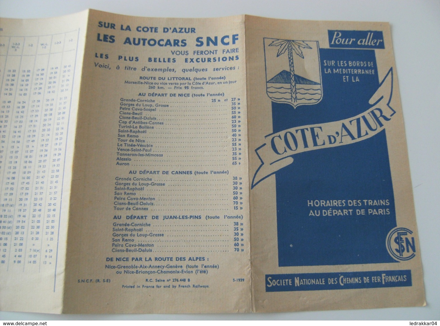 Dépliant société Nationale des chemins de fer SNCF côte d'azur 1939 WWII vintage