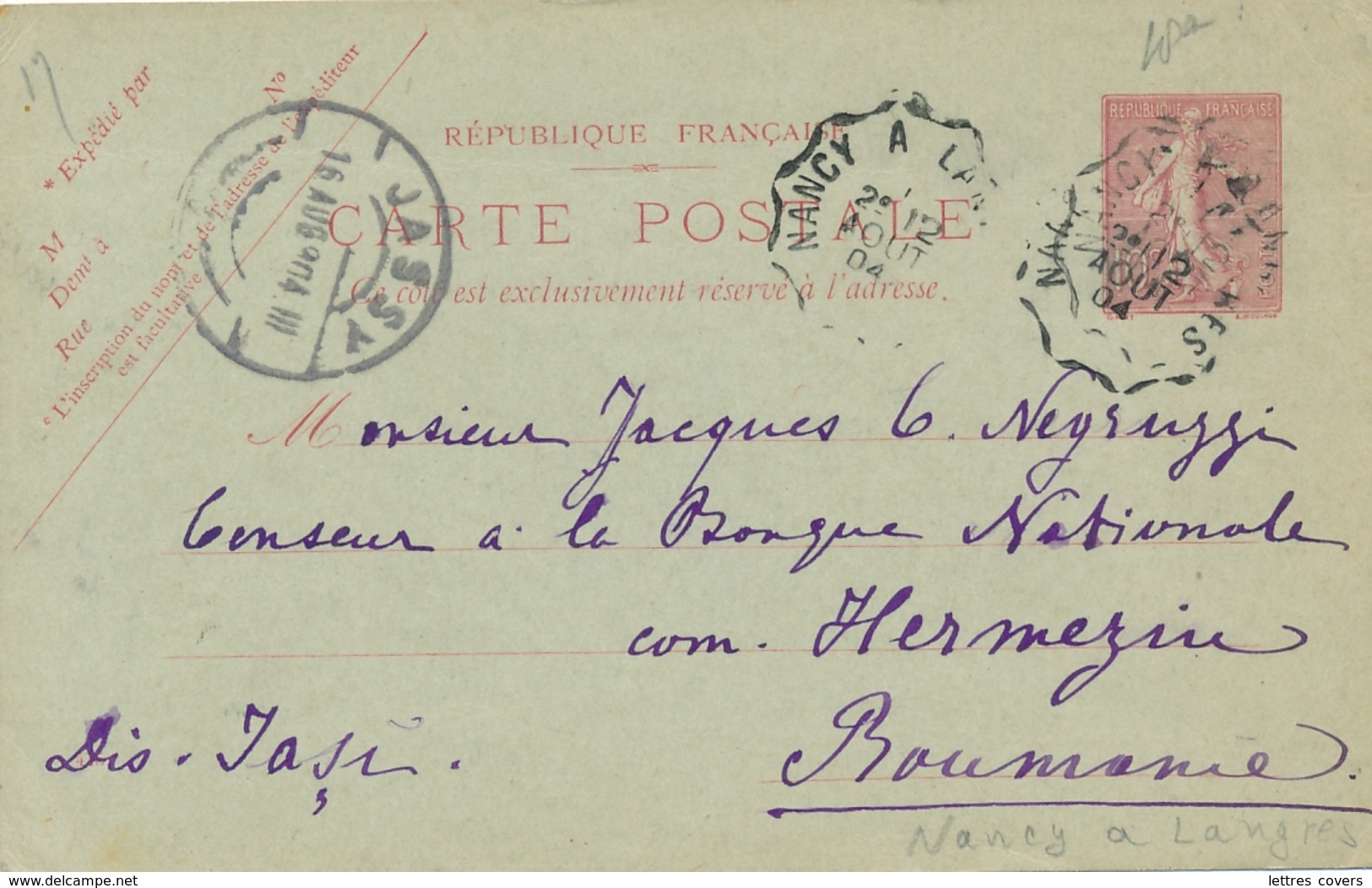 ENTIER CP SEMEUSE 10c Obl Convoyeur > JASSY ROUMANIE 1904 - Nancy à Langres - Vittel - Cartoline Postali E Su Commissione Privata TSC (ante 1995)