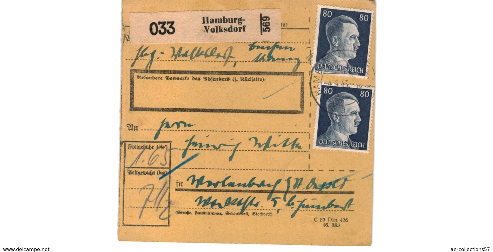 Allemagne  / Colis Postal  / Départ Hamburg-Volksdorf  / 4-9-43 - Storia Postale