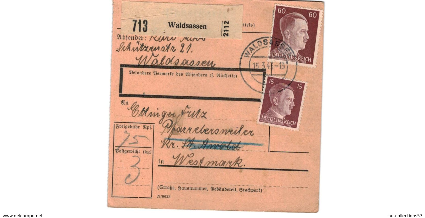 Allemagne  / Colis Postal  / Départ Waldsassen  / Pour Pfarrebersweiler ( Farébersviller ) /  15-3-43 - Covers & Documents