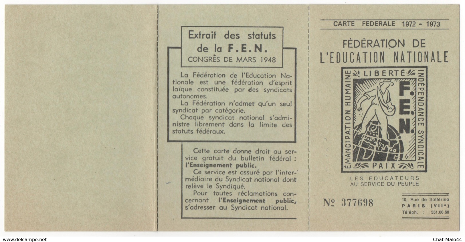 Fédération De L'Education Nationale. Carte Fédérale 1972 - 1973 - Historische Dokumente