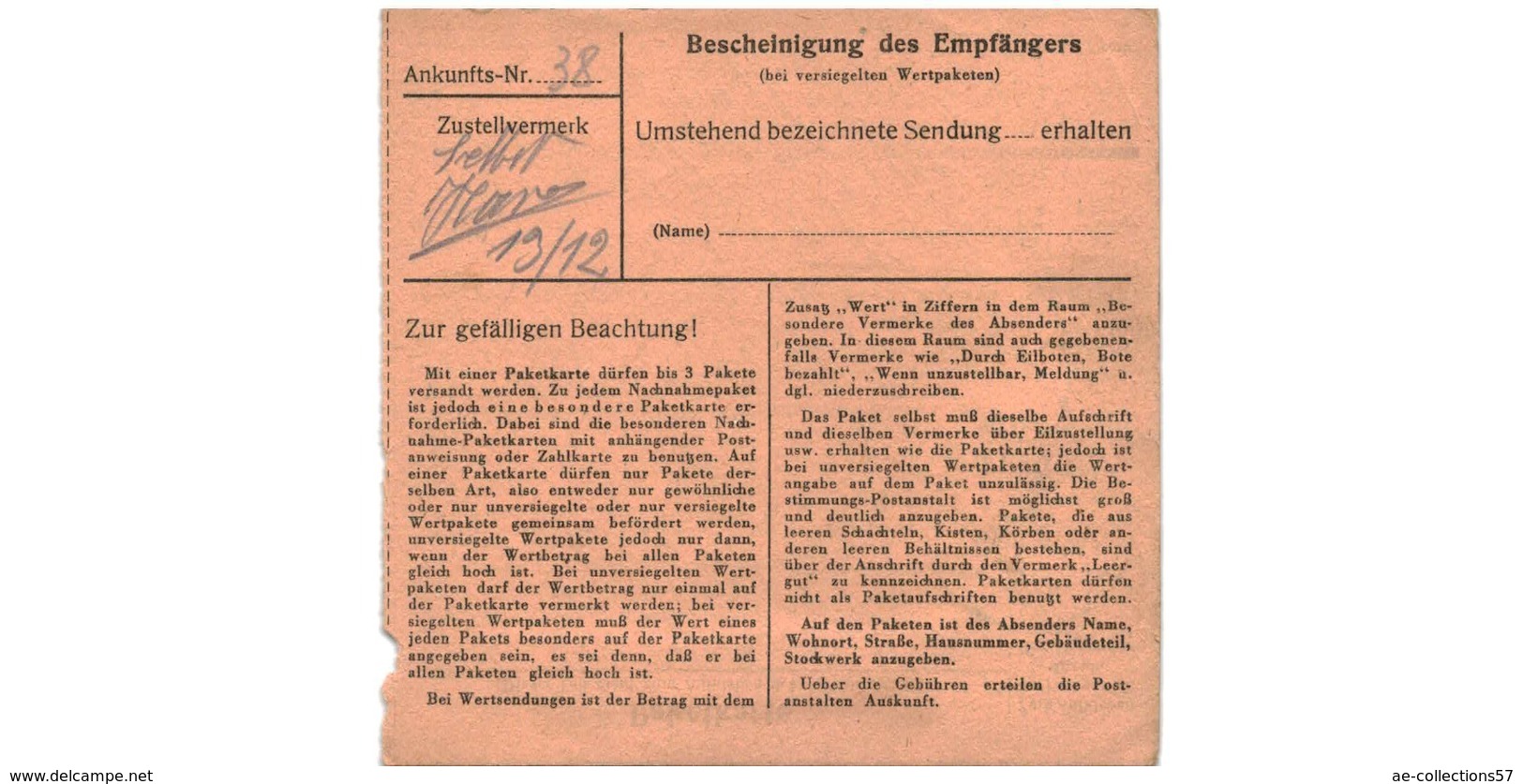 Allemagne  / Colis Postal  / Départ  Schwarzenholz über Saarlautern / Pour Waldheim  Post Spittel - Cartas & Documentos