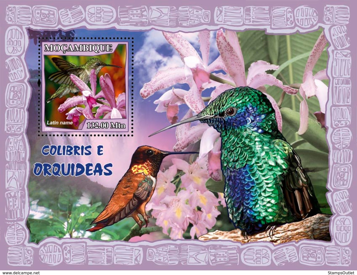 Mozambique 2007 MNH - Hummingbirds, Orchids. Sc 1789, YT 158, Mi 3029/BL224 - Mozambique