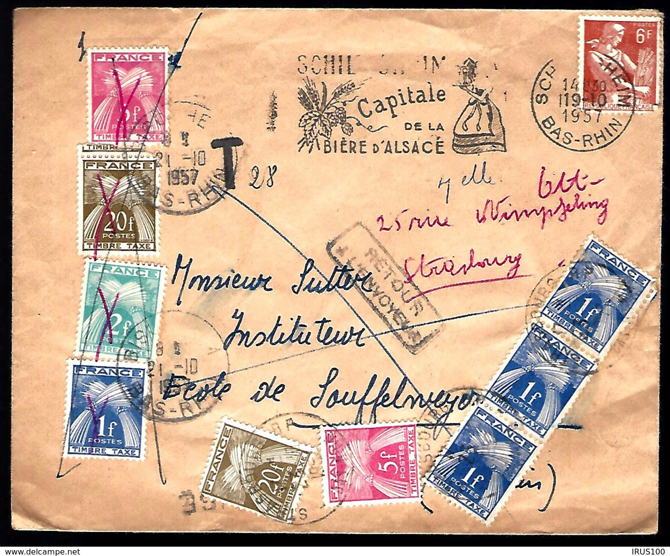 LETTRE TAXÉE EN PROVENANCE DE SCHILTIGHEIM - CAPITALE DE LA BIÈRE D'ALSACE - RETOUR A L'ENVOYEUR - REFUSÉ - - 1859-1959 Covers & Documents