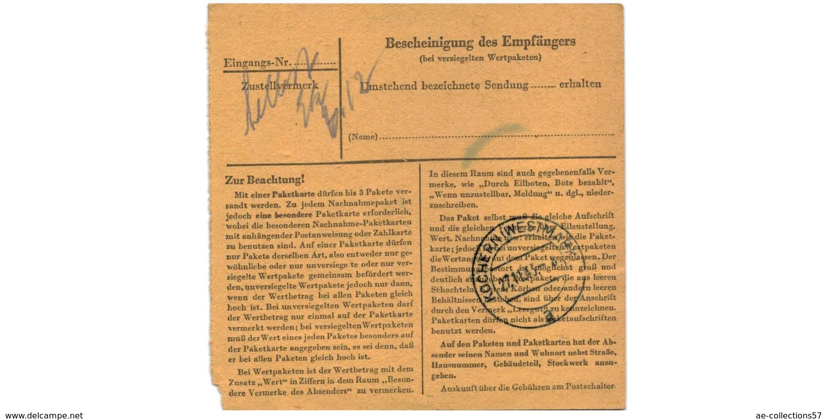 Allemagne  / Colis Postal  / Départ Ober Seemen  /  Pour Kochern ( Cocheren) Par Forbach   / 25-11-43 - Briefe U. Dokumente