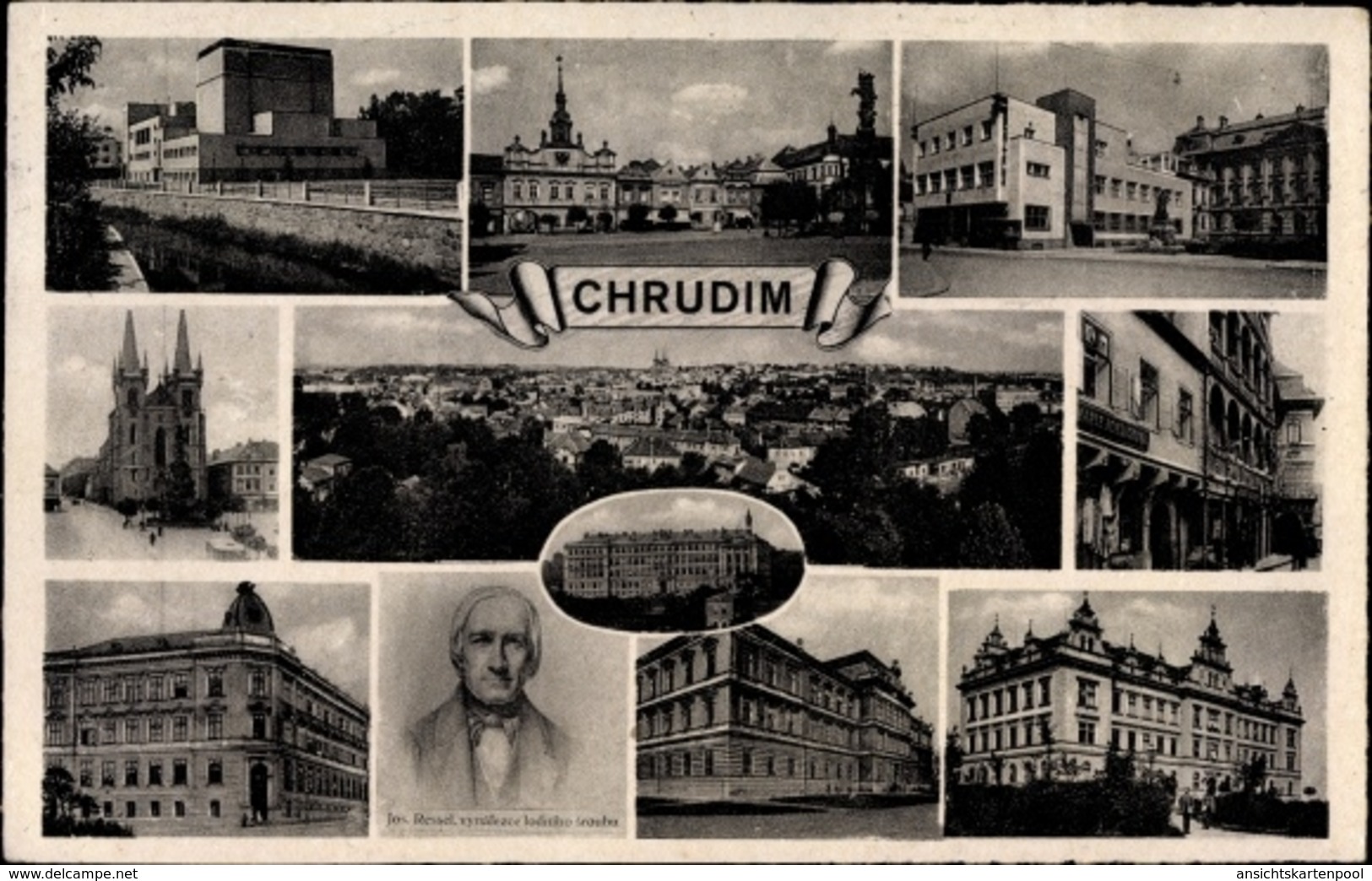 Cp Chrudim Reg. Pardubice, Kirche, Platz, Gebäude, Portrait Jos. Ressel, Panorama - Tschechische Republik