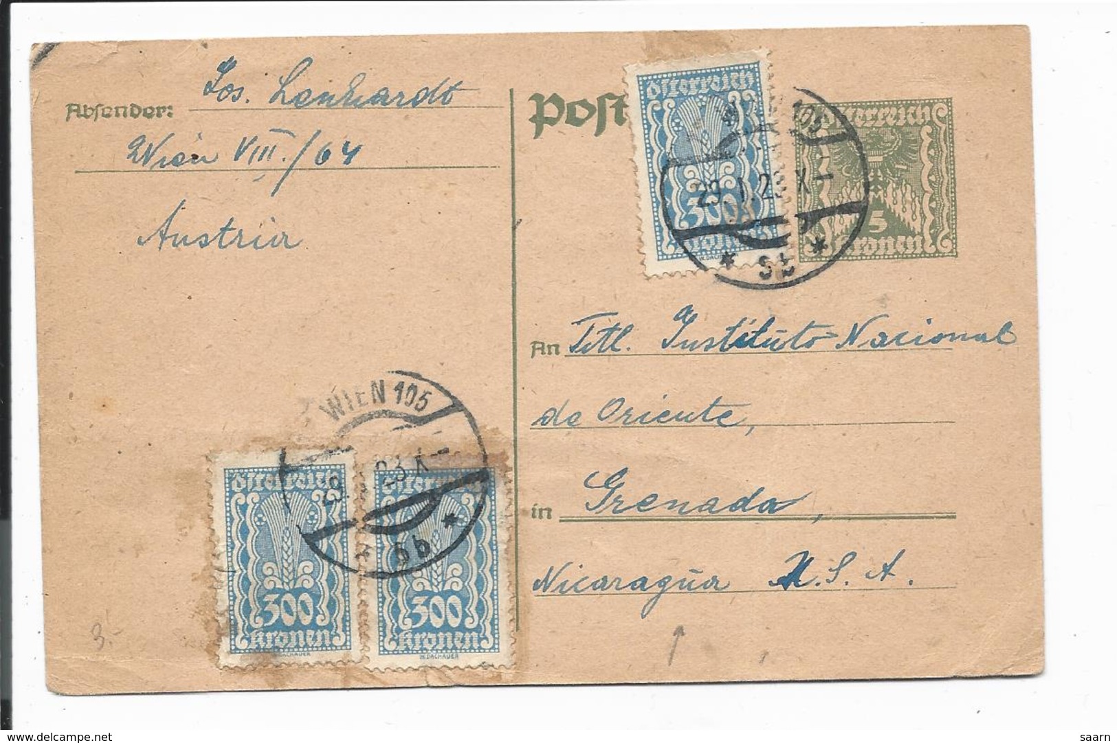 Österreich P 249 - 5 Kr. Wappenadler M. 3x300 Kr ZF  Nach Nicaragua Bedarfsverwendet - Sonstige & Ohne Zuordnung