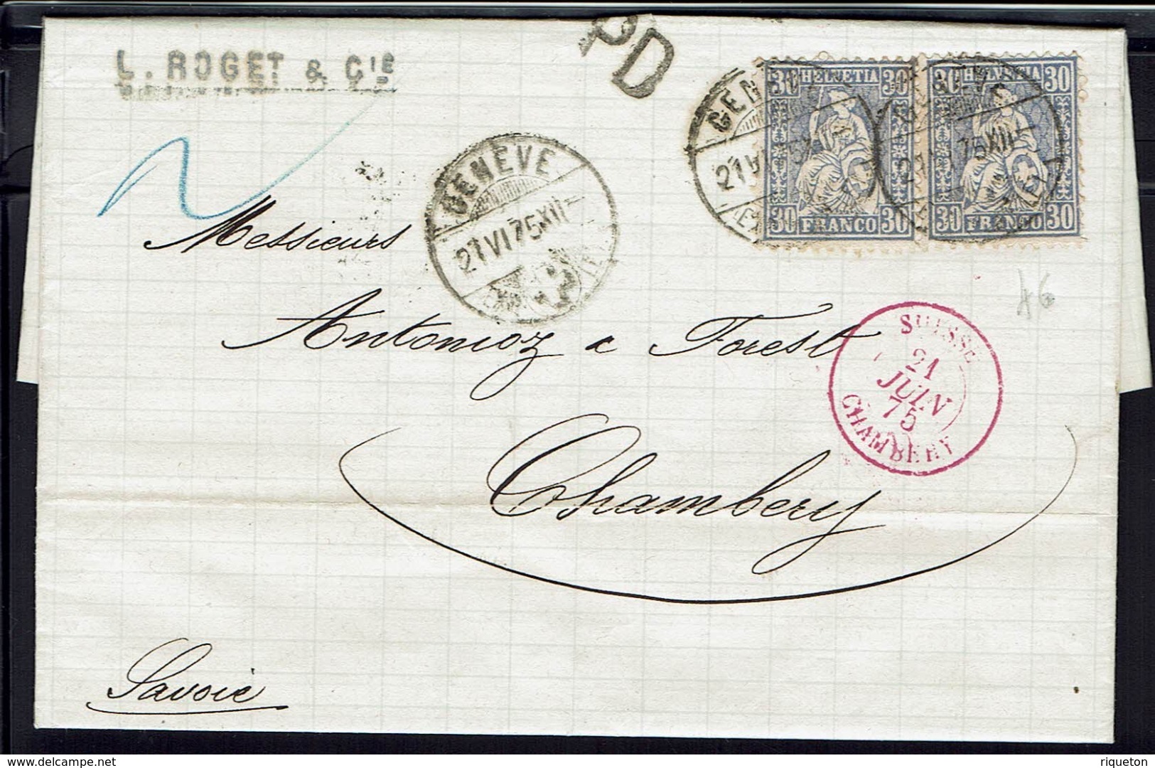 Suisse - 1875 - Affranchissement Helvétia Assise à 60 C. Sur Lettre De Genêve En P.D. Pour Chambery B/TB - - Storia Postale