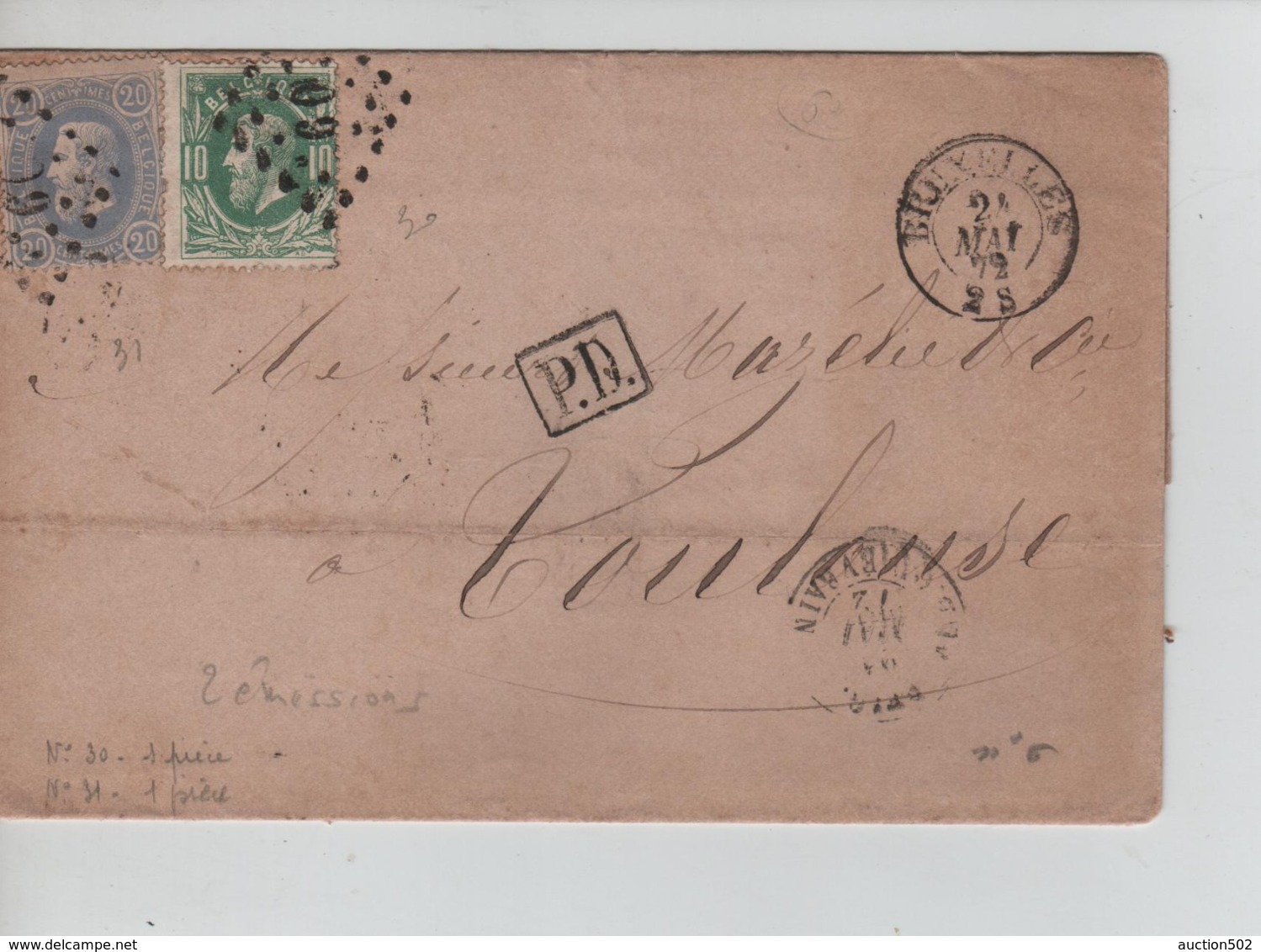 PR7559/ TP 30-31 S/LSC C.BXL 24/5/1872 LOS 60 Griffe P.D.Marque D'entrée > Toulouse C.d'arrivée & D'ambulant - Postmarks - Points