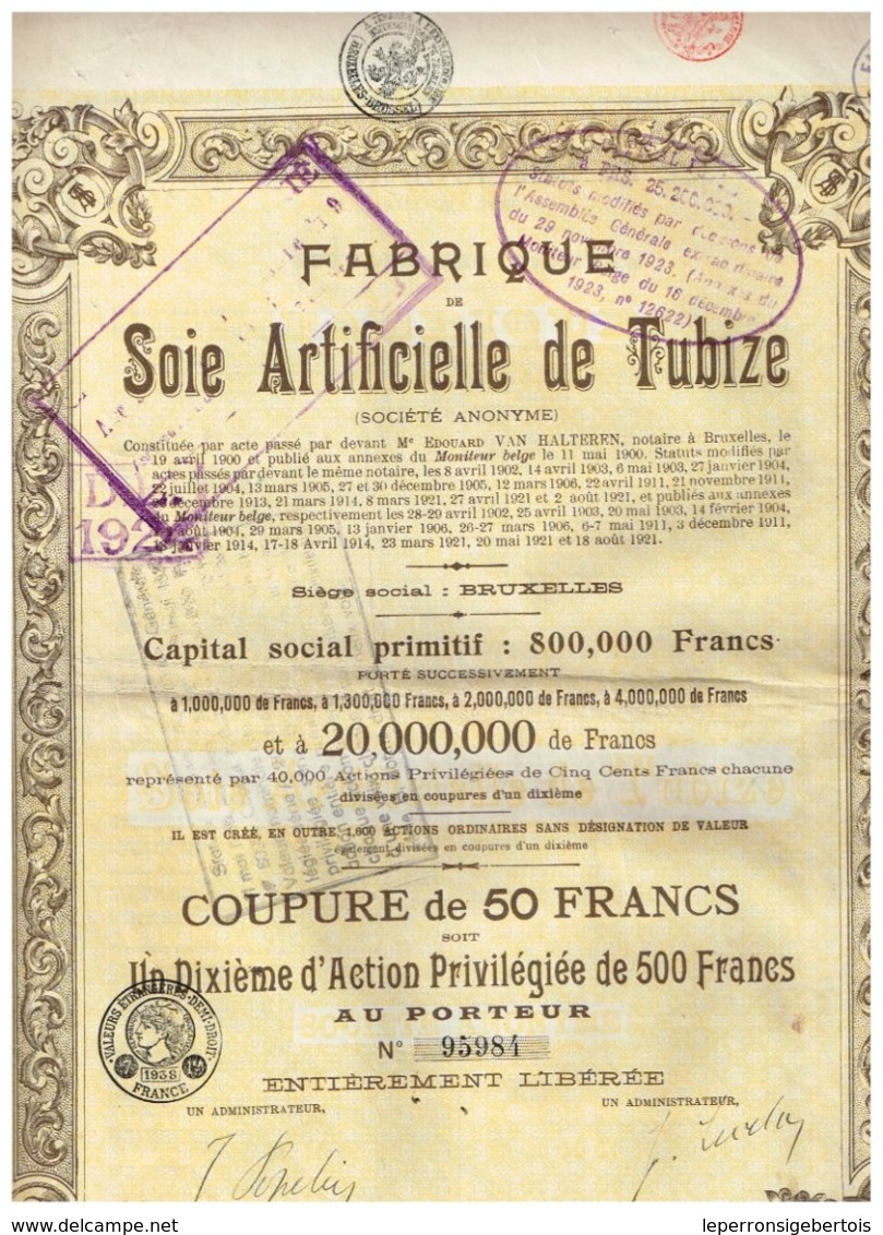 Titre Ancien - Fabrique De Soie Artificielle De Tubize - Société Anonyme  Titre De 1921 - Textile