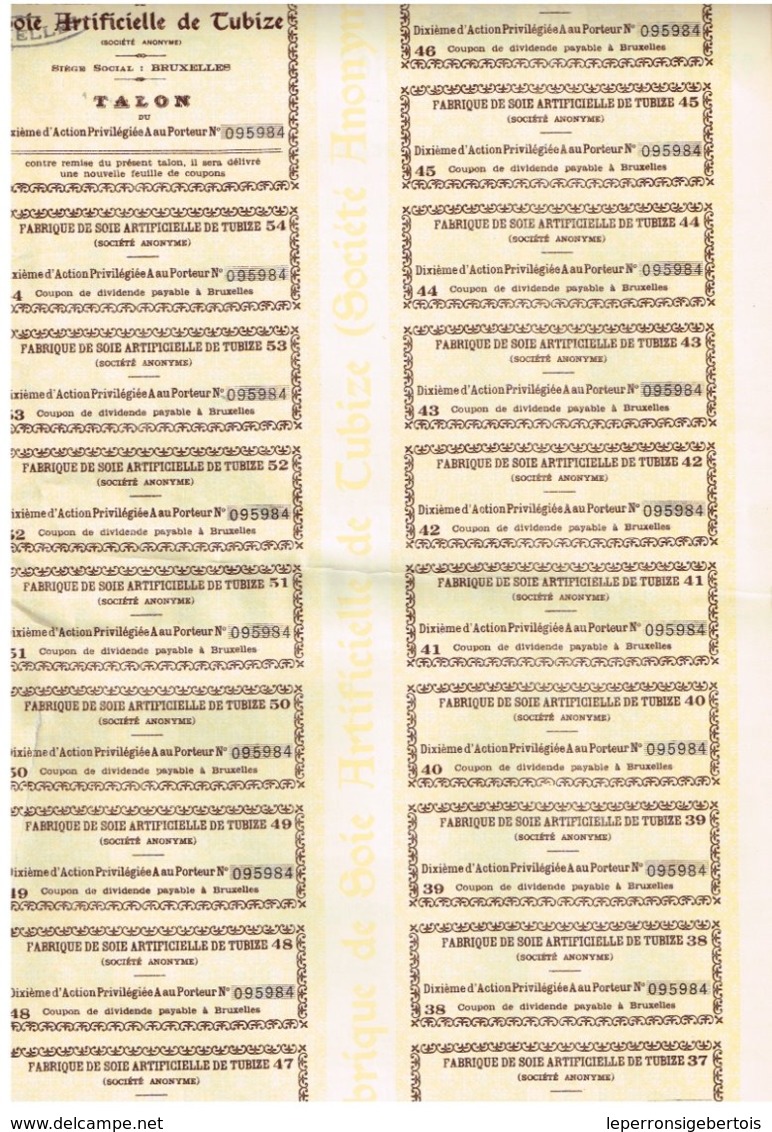 Titre Ancien - Fabrique De Soie Artificielle De Tubize - Société Anonyme  Titre De 1921 - Textile