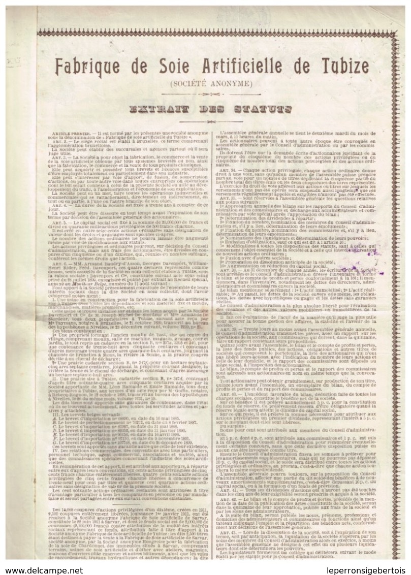 Titre Ancien - Fabrique De Soie Artificielle De Tubize - Société Anonyme  Titre De 1921 - Textile