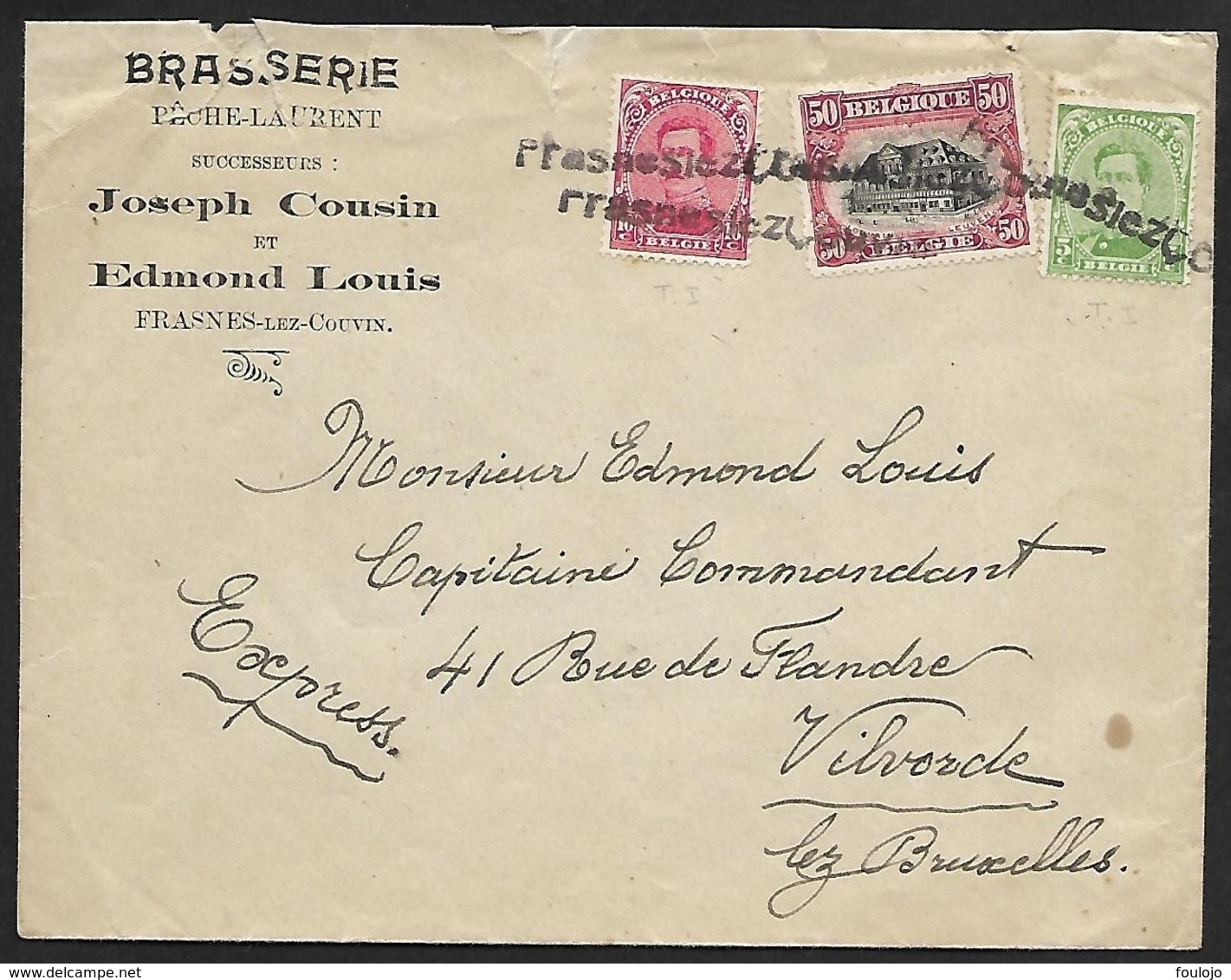 137, 138 Et 144 Sur Lettre Express -Timbres Annulés Par La Griffe De Fortune De Frasnes-lez-Couvin (Lot Nic 817) - 1915-1920 Alberto I