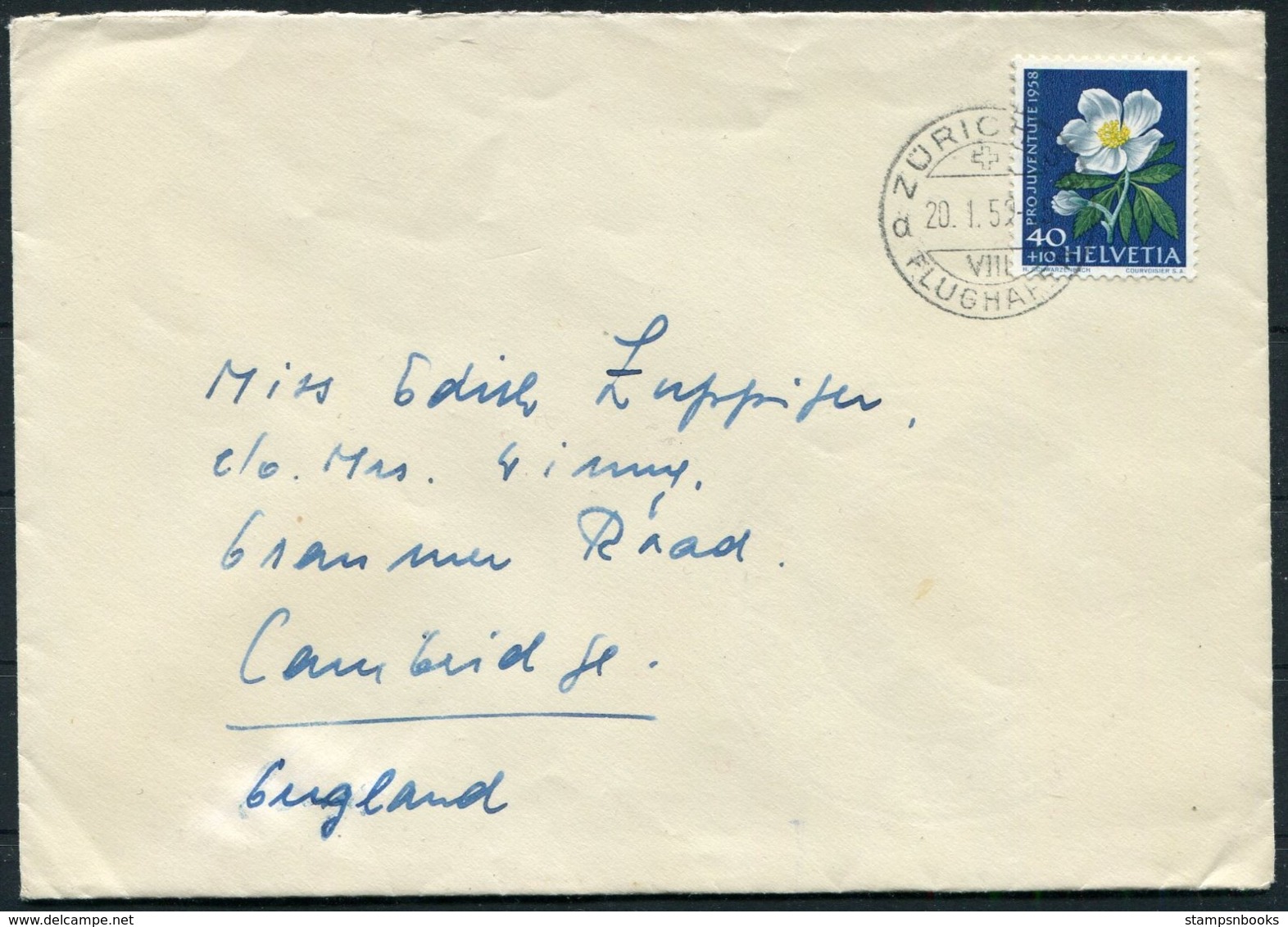 1959 Switzerland (1958) Pro Juventute 40+10c Flower Cover Zurich Airport - Cambridge England - Covers & Documents