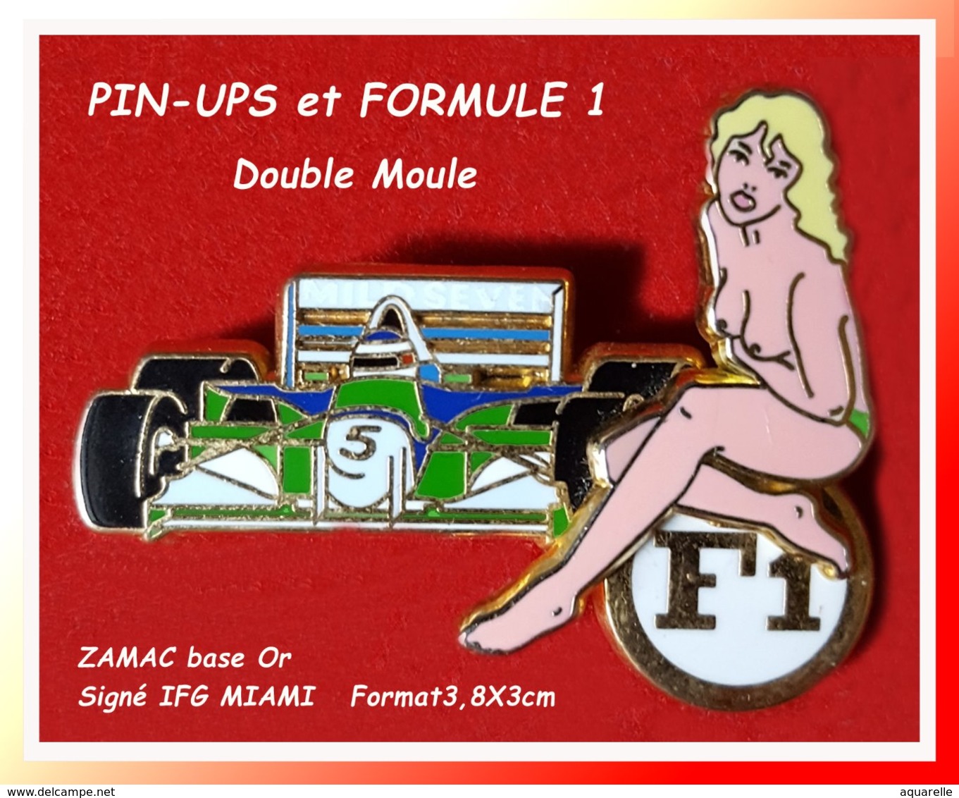 SUPER PIN'S PIN-UPS, FORMULE 1 : Double Moule En ZAMAC Base Or Signé JFG MIAMI, F1 Verte,  Format 3,8X3cm - Pin-ups