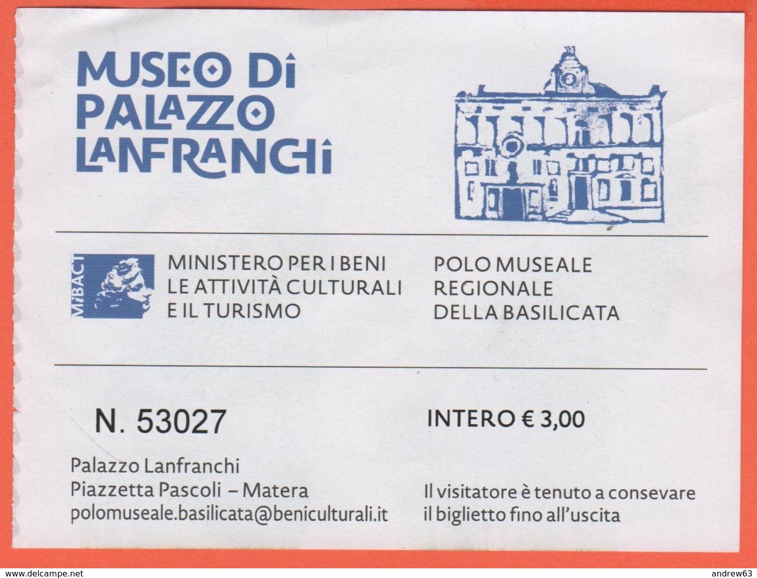 Matera - Museo Di Palazzo Lanfranchi - Biglietto D'ingresso Intero - Usato - Biglietti D'ingresso