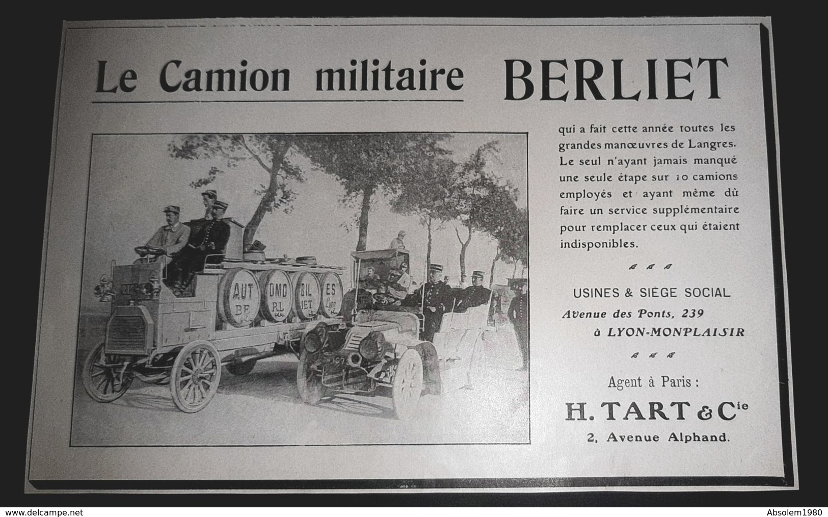 1910 BERLIET LE CAMION MILITAIRE MANOEUVRES DE LANGRES USINE LYON MONPLAISIR 69 PUBLICITE ANCIENNE AGENT TARD CIE - Publicités