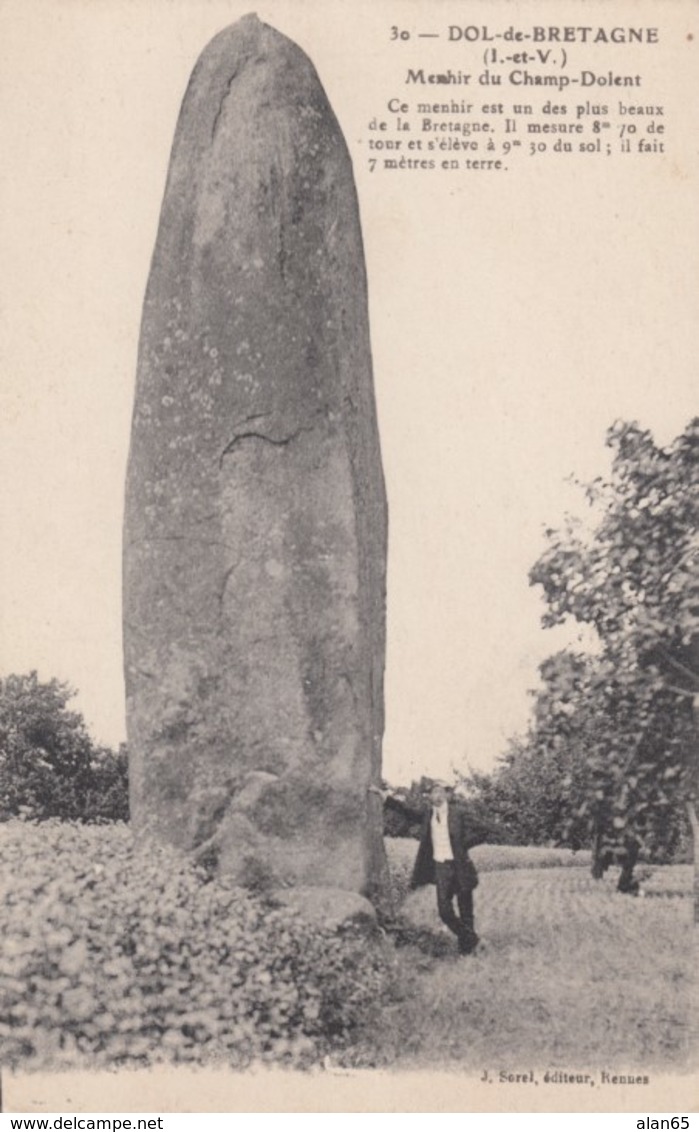 Dol-de-Bretagne (Ille Et Vilaine) France, Menhir Du Champ-Dolent,  C1900s/10s Vintage Postcard - Dol De Bretagne