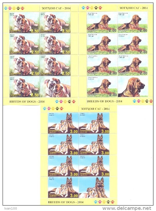 2014. Tajikistan, Breeds Of Dogs, 3 Sheetlets Of 7v + Label,   Perforated, Mint/** - Tadjikistan