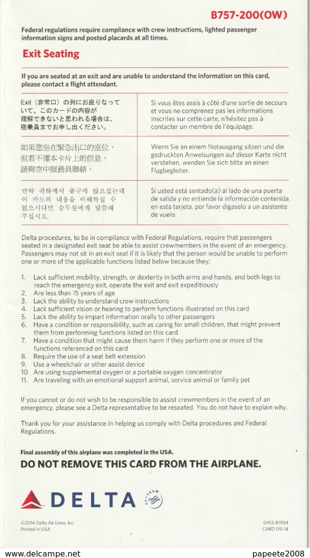 Delta Airline / B 757-200 (OW) - 09-2014 / Consignes De Sécurité / Safety Card (grand Format) - Sicherheitsinfos