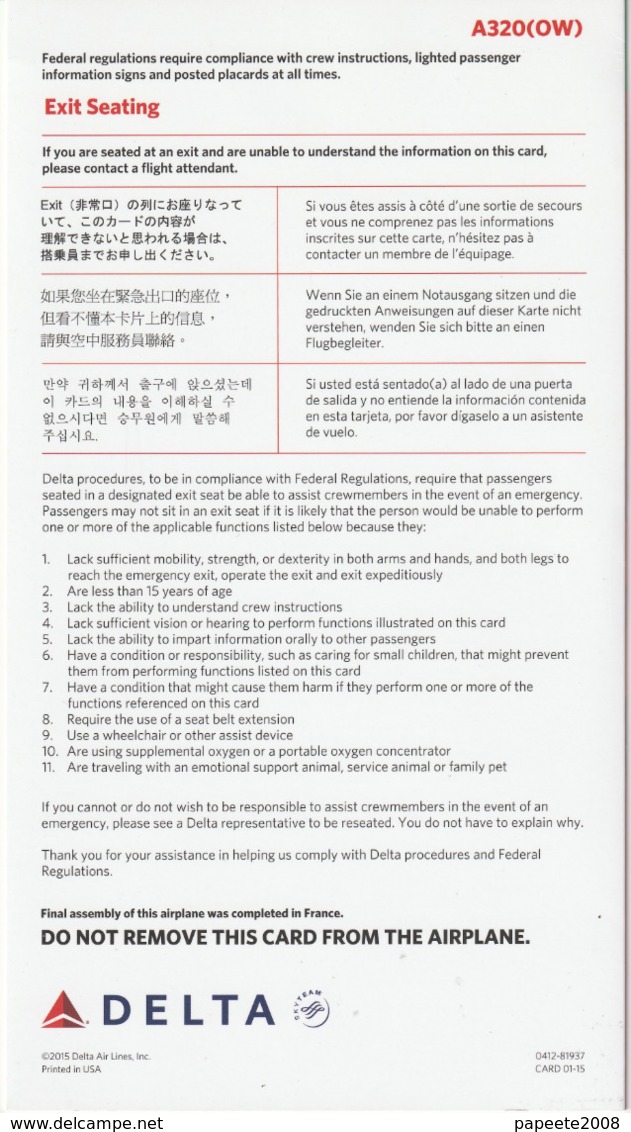 Delta Airline / A 320 (OW) - 01-2015 / Consignes De Sécurité / Safety Card (grand Format) - Safety Cards