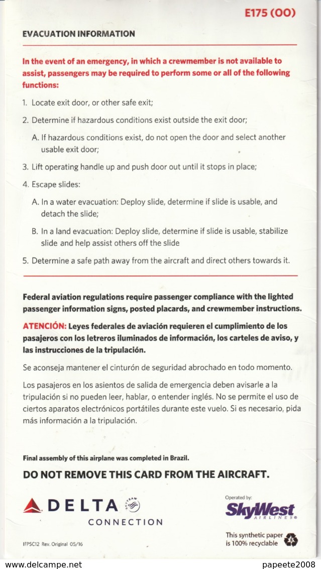 Delta Airline / E 175 (OO) - 05-2016 / Consignes De Sécurité / Safety Card (grand Format) - Veiligheidskaarten