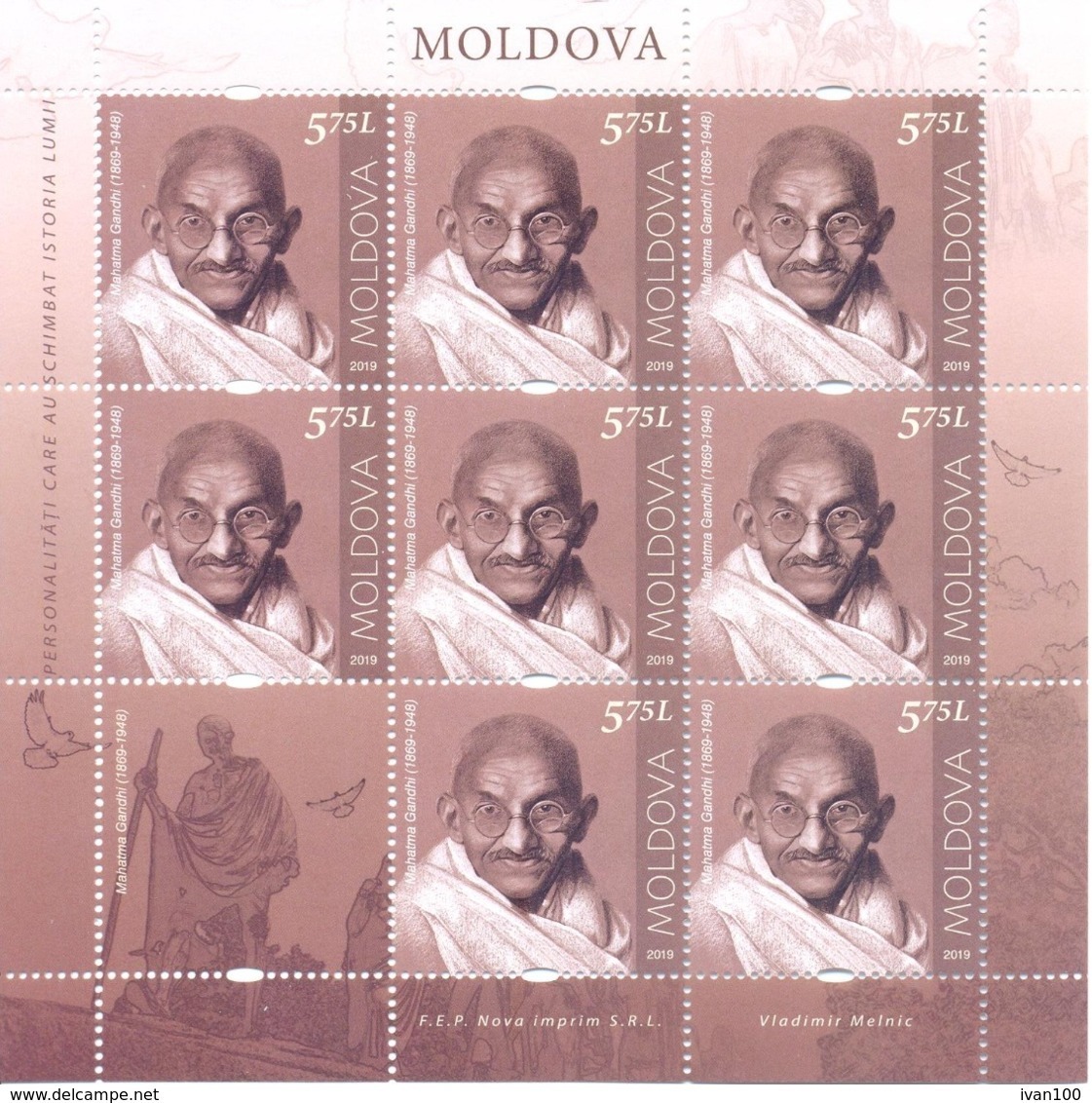 2019. Moldova,  Mahatma Gandhi, People Who Changed The History Of The World, Sheetlet, Mint/** - Moldova