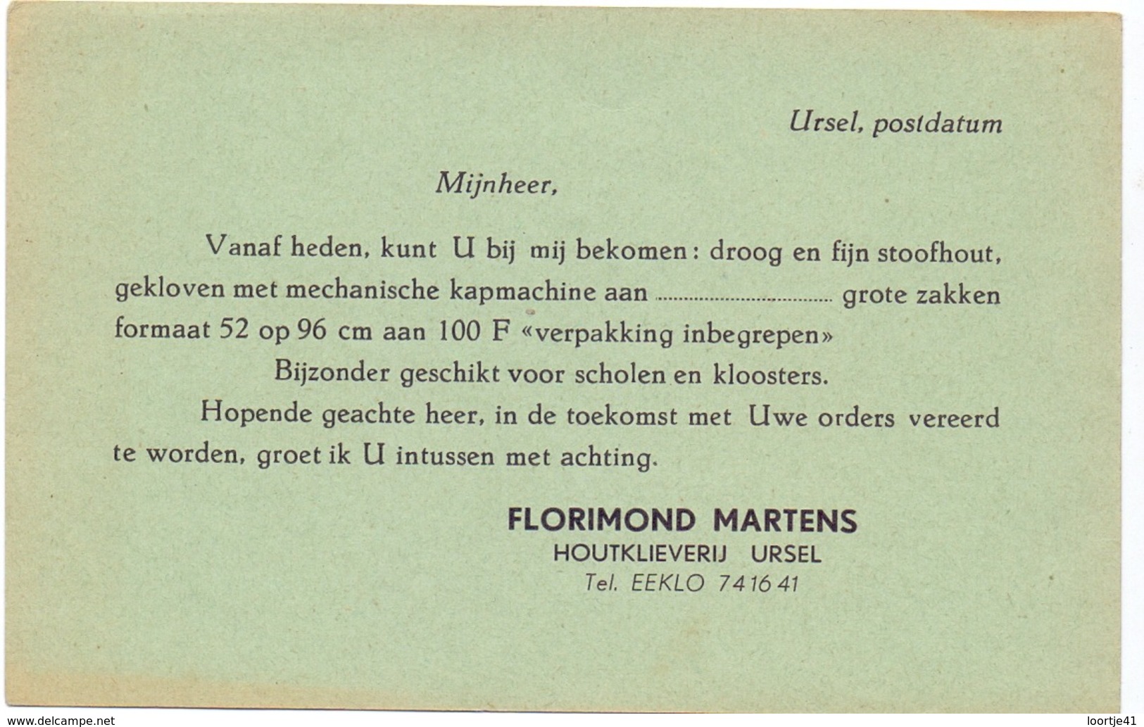 Briefkaart - Ursel Knesselare - Pub Reclame Houtklieverij Florimond Martens - Knesselare