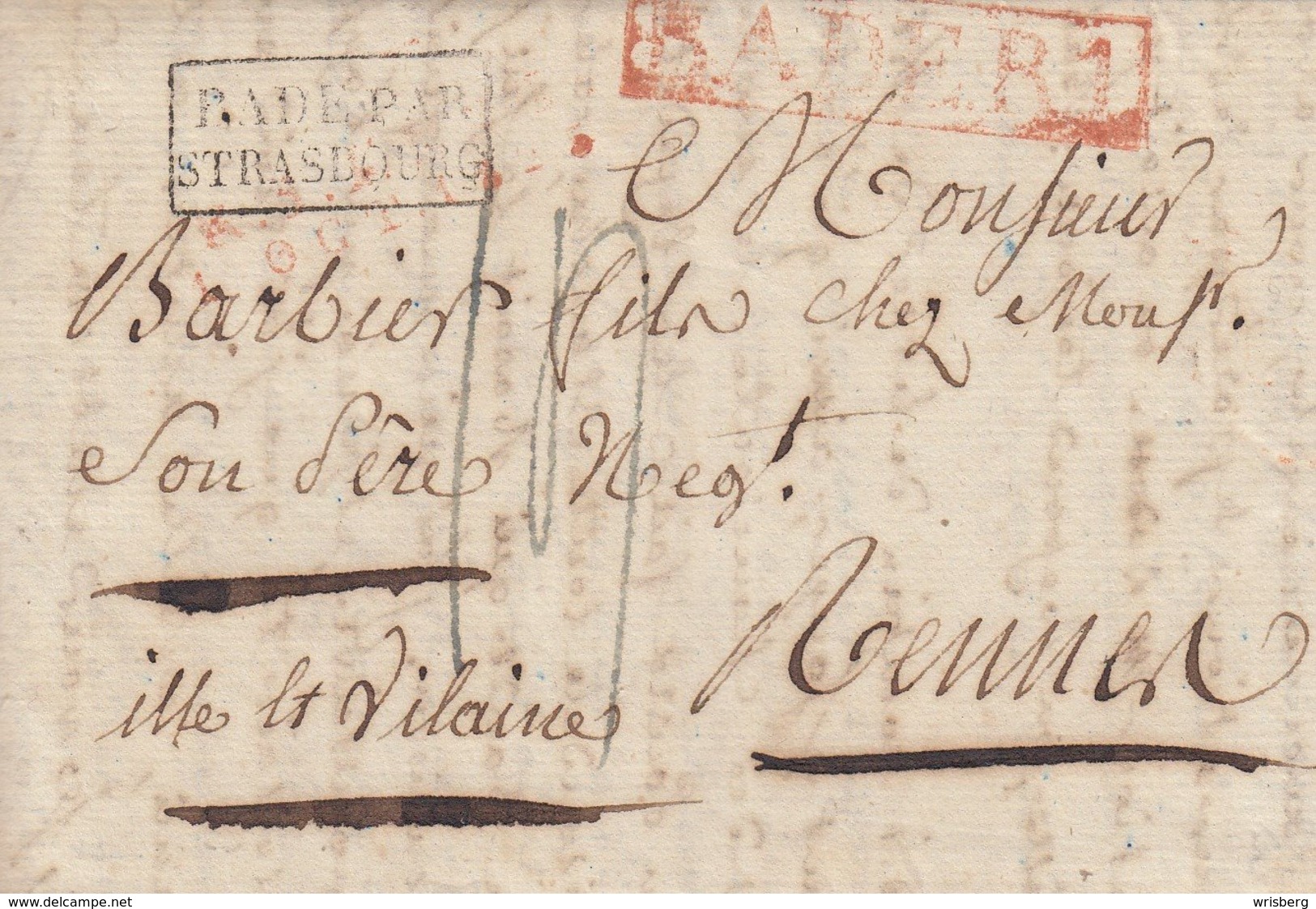 Lettre De Sundheim Du 1.10.1825 Avec Timbre BADE / PAR / STRASBOURG Et BADE R.1 Adressée à Rennes - Lettres & Documents