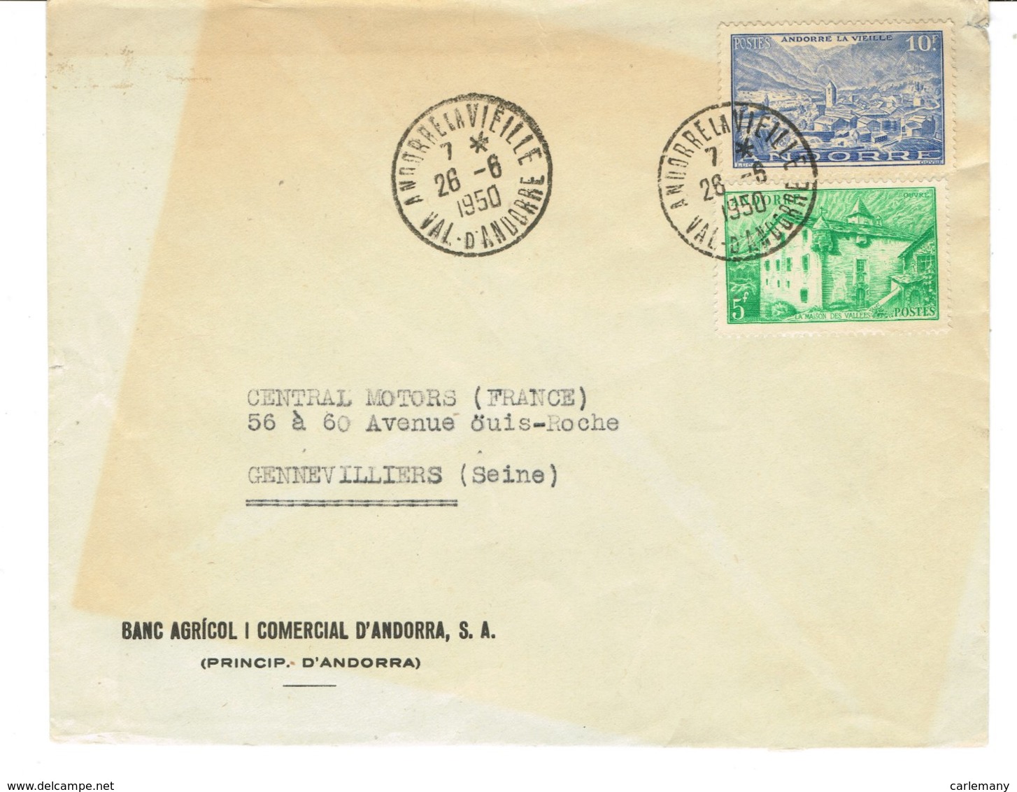 ANDORRA ANDORRE ENV.CIRCULE A GENNEVILLIERS F.  1950 - Covers & Documents