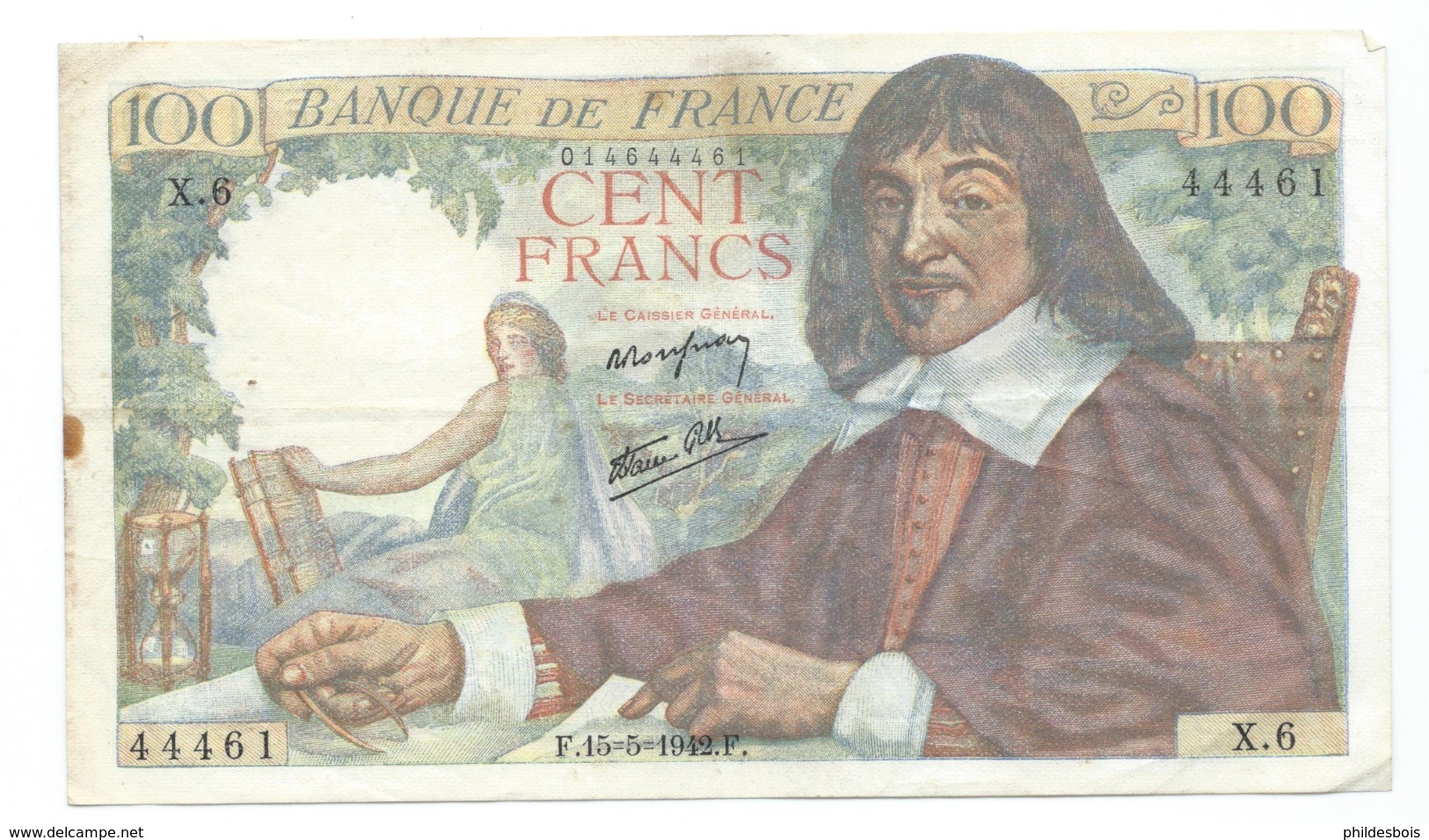 BILLET  100 Francs DESCARTES 15/05/1942  ( 2trous épingle ) - 100 F 1942-1944 ''Descartes''