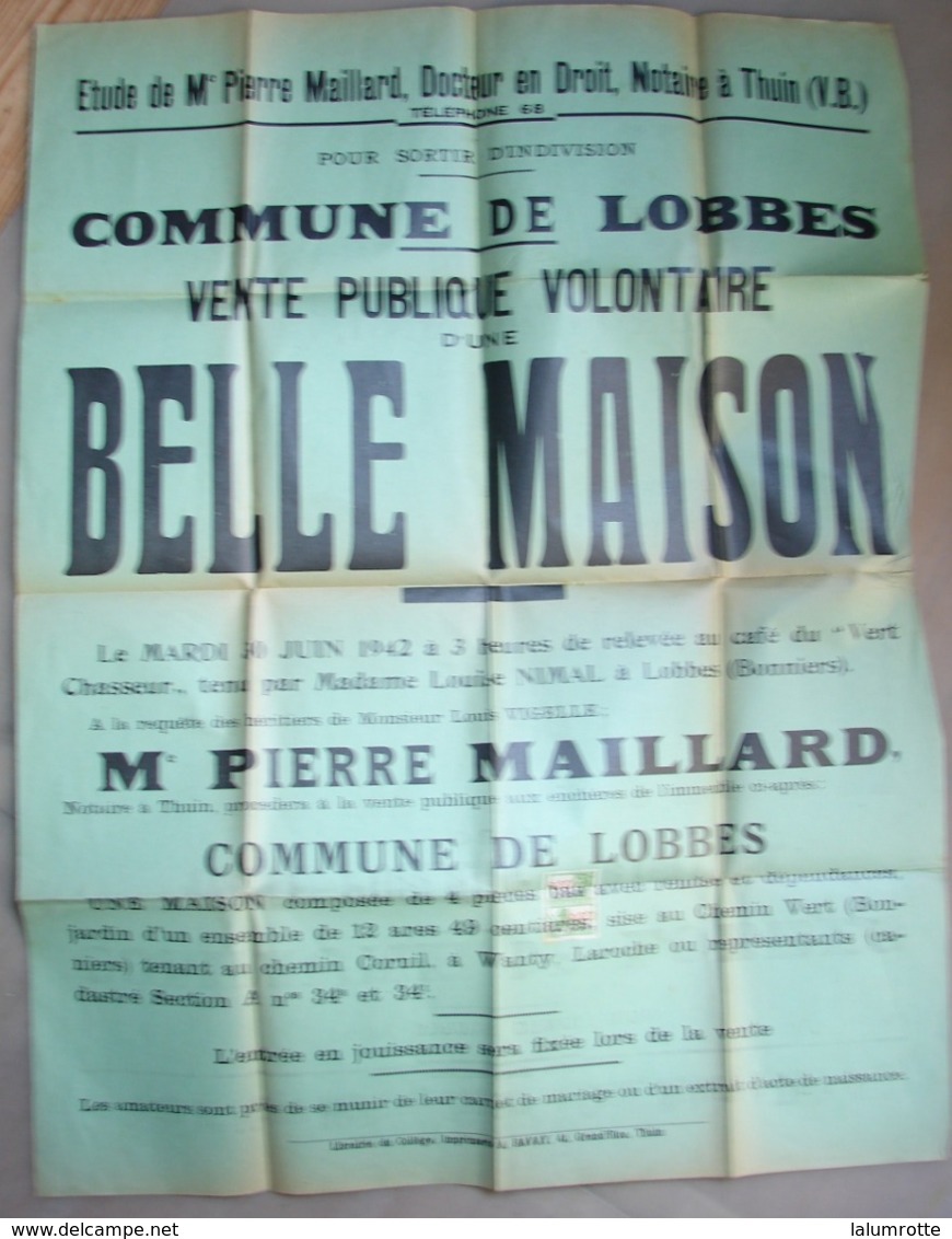 Affi. 15. Commune De Lobbes Vente D'une Maison En 1942 Au Café Du Vert Chasseur - Affiches