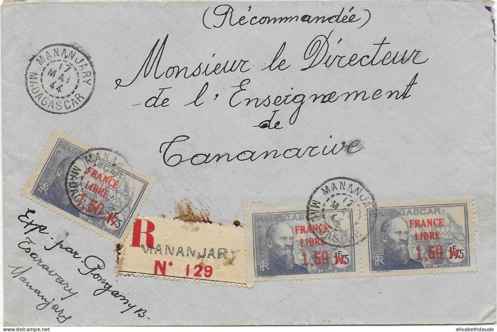 MADAGASCAR - 1944 - FRANCE LIBRE - ENVELOPPE RECOMMANDEE De MANANJARY - Lettres & Documents