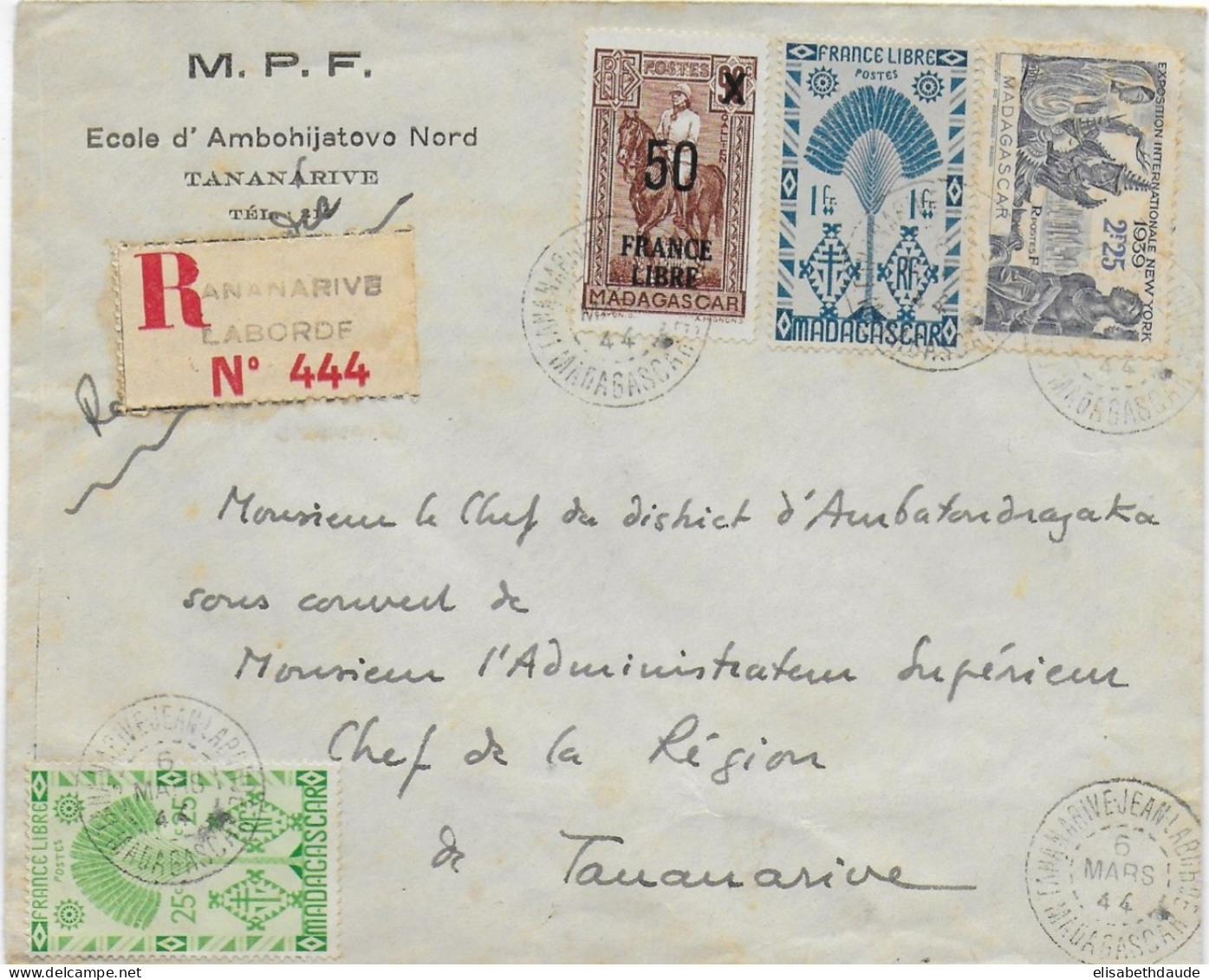 MADAGASCAR - 1944 - EMISSION DE LONDRES + FRANCE LIBRE + NEW YORK - ENVELOPPE RECO De TANANARIVE LABORDE - Covers & Documents