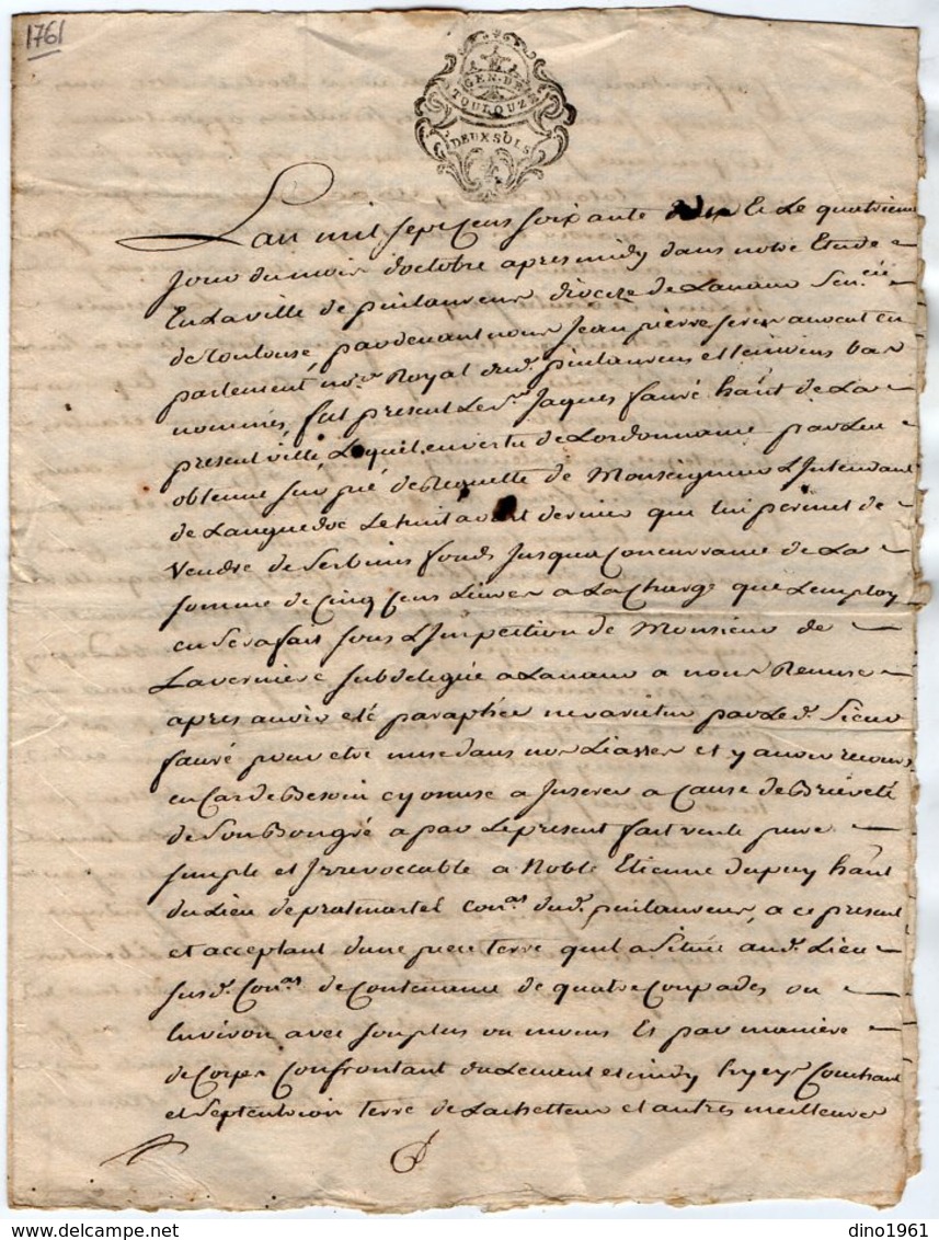 VP15.955 - Cachet De Généralité De TOULOUSE - Acte De 1761 - Vente D'une Pièce De Terre Située à PUYLAURENS - Timbri Generalità