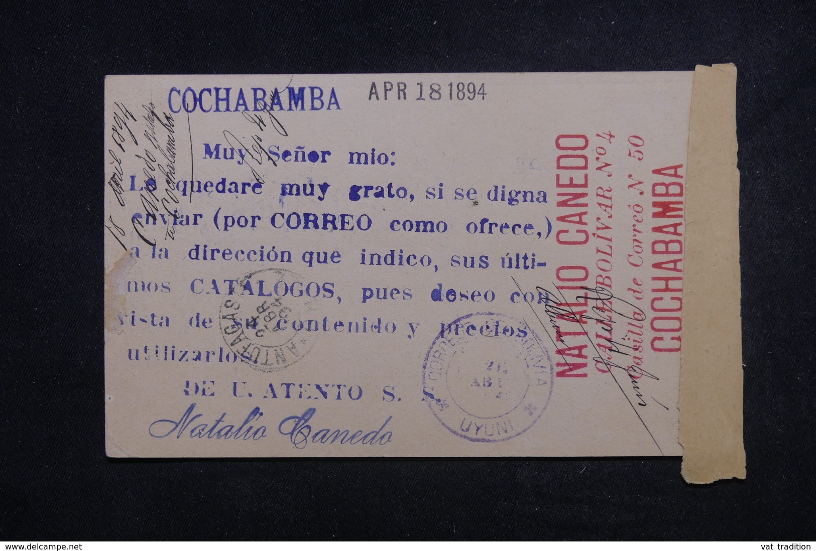 BOLIVIE - Entier Postal Commercial De Cochabamba Pour La France En 1894 - L 45629 - Bolivie