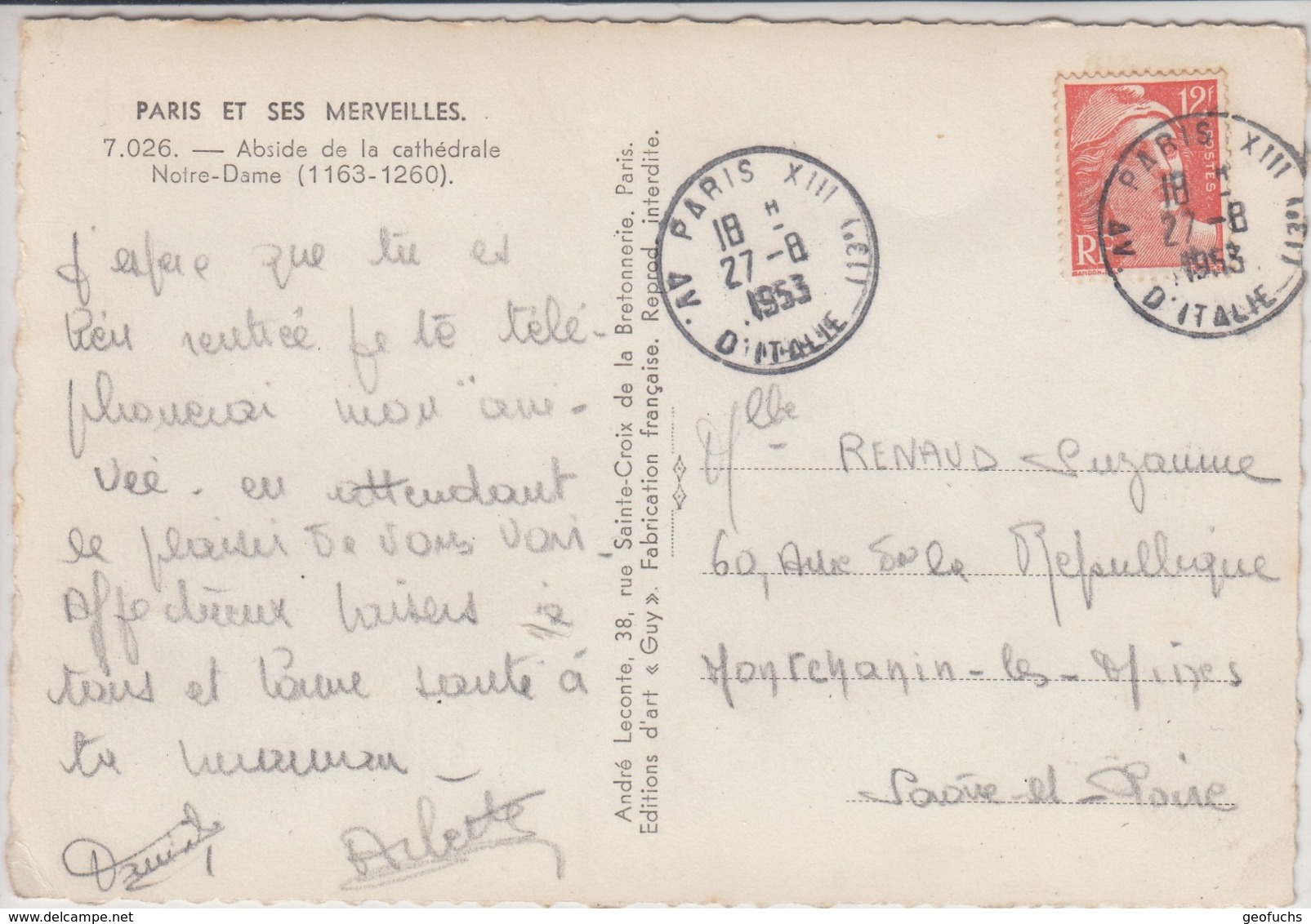 Carte Postale Notre Dame PARIS (Gandon N° 885 Obl. Cachet Type A6 Du 27.8.53) à Montchanin-les-Mines (Saône Et Loire) - Covers & Documents